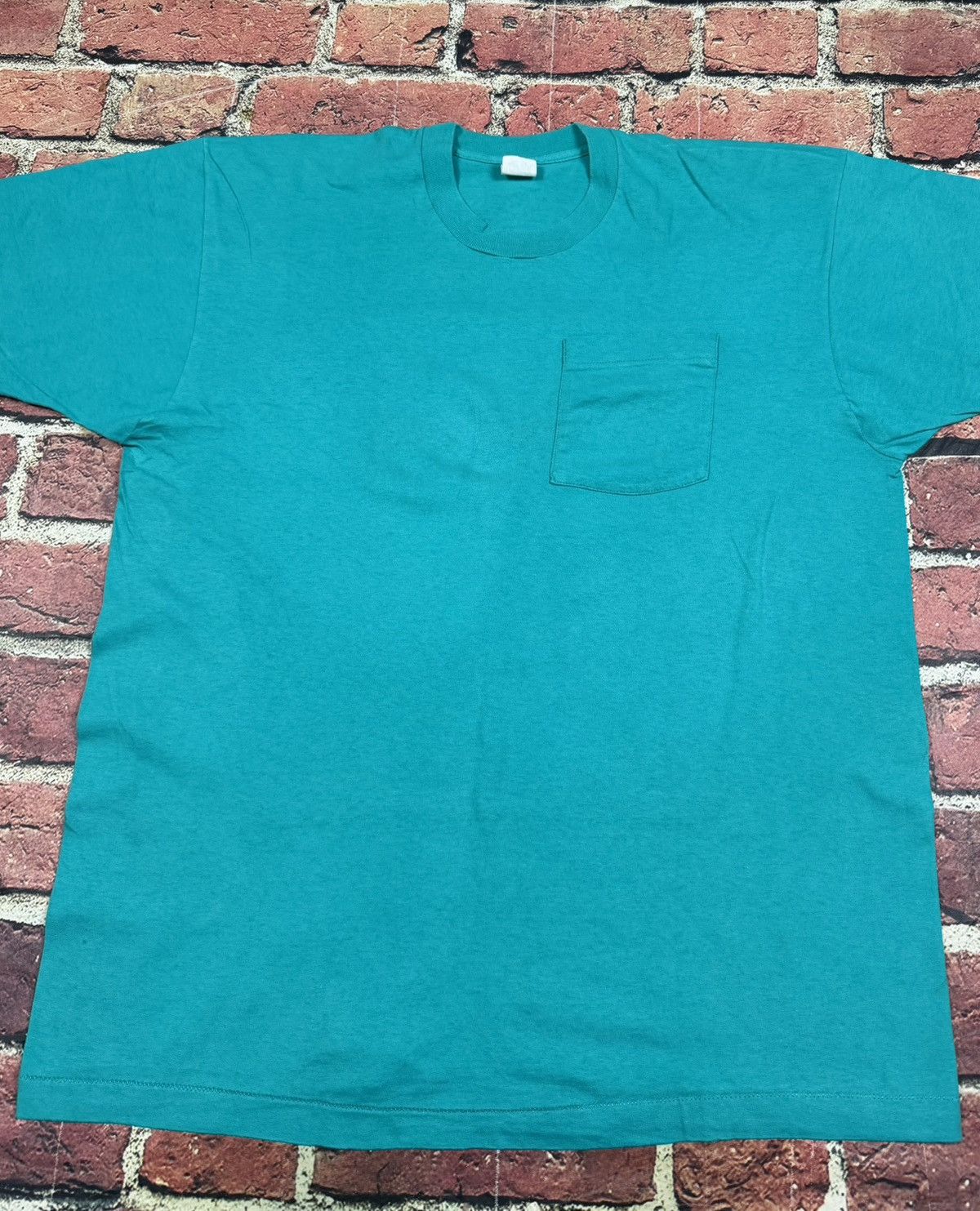 Fruit Of The Loom Vintage Turquoise Blank Selvedge Pocket Tee Single Stitch Size US XXL / EU 58 / 5 - 3 Thumbnail