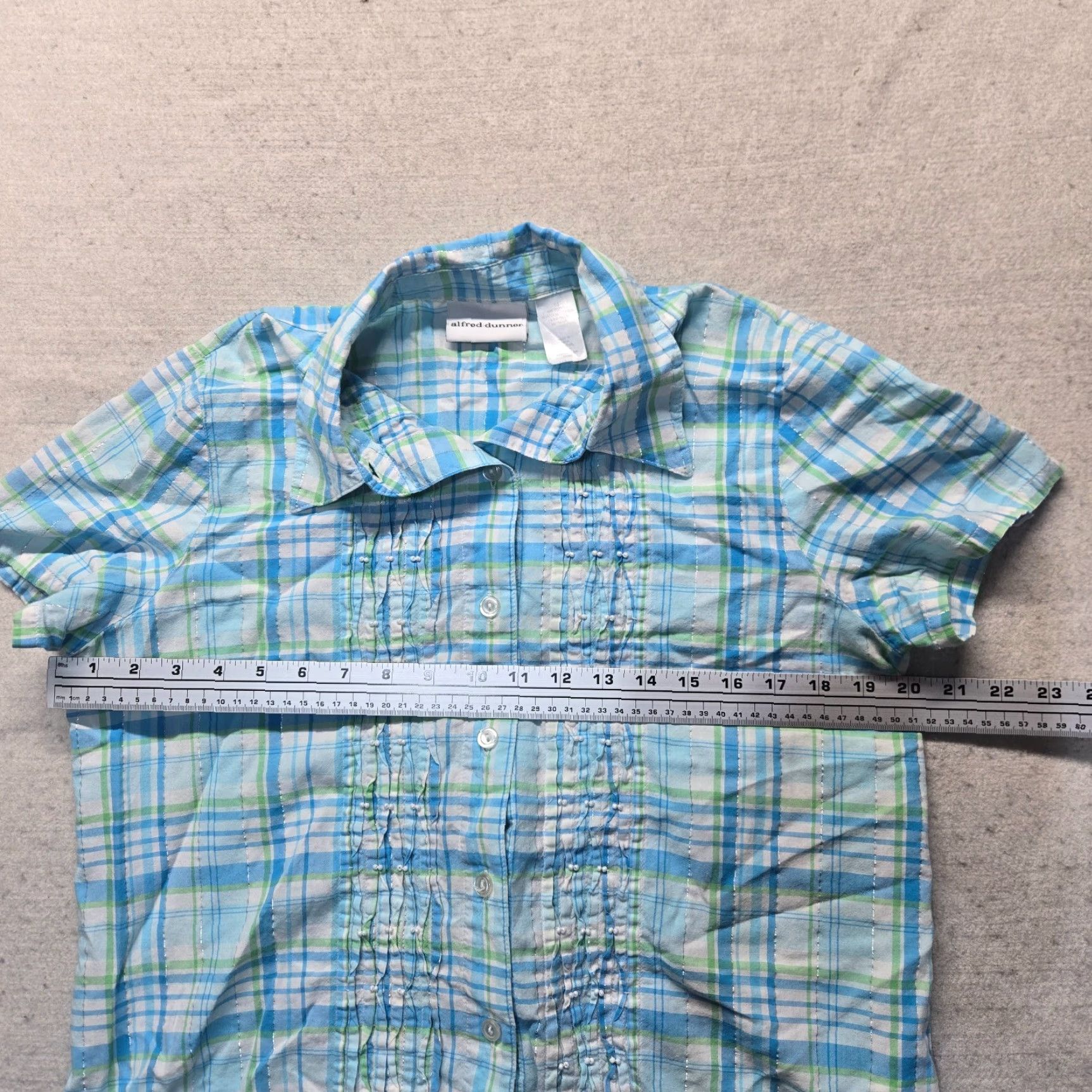 Vintage Alfred Dunner Button-Up Shirt Top Plaid Blue Collar Women’s 10 Shirt, Casual, Cotton, Short Sleeve, Regular Fit, Women, Blue, Vintage: No Size L / US 10 / IT 46 - 4 Thumbnail
