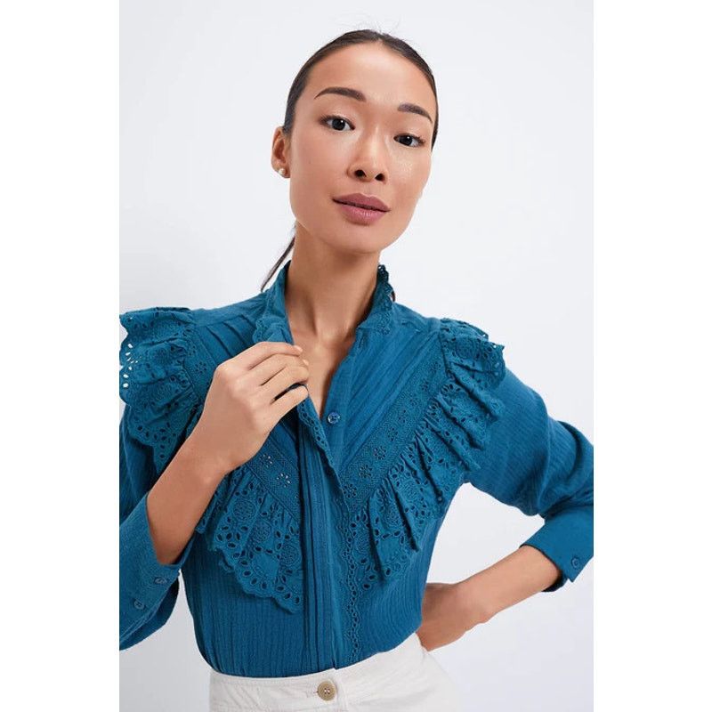 Other NEW Hyacinth House Tuckernuck Teal Eyelet Tatum Blouse Large Size L / US 10 / IT 46 - 2 Thumbnail