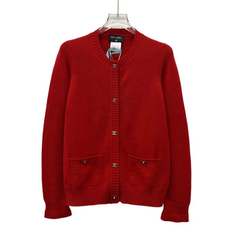 Chanel Red Cashmere Logo Cardigan