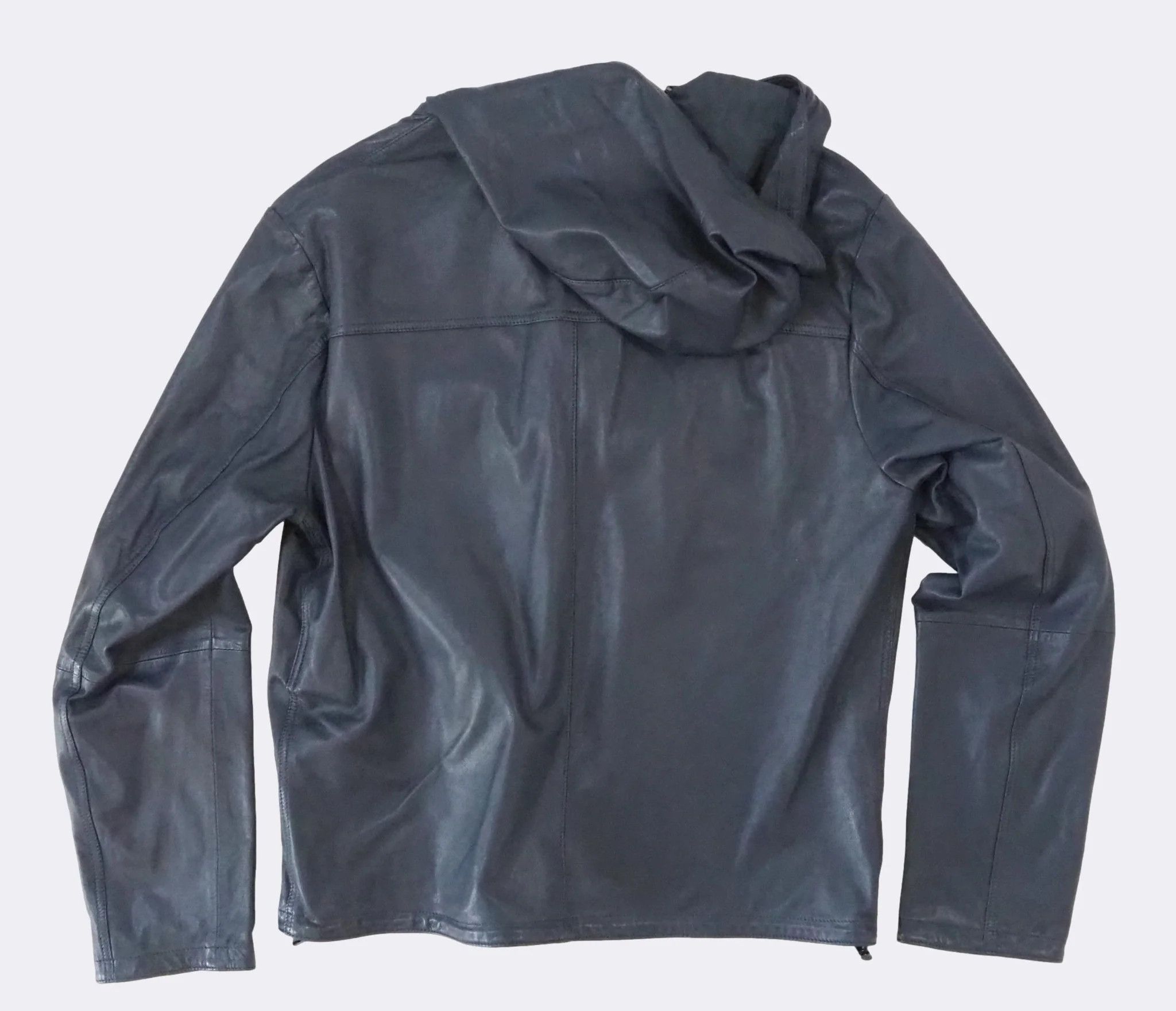 Emporio Armani Dark Blue Hooded Zip-Front Leather Jacket $1175 Size US M / EU 48-50 / 2 - 2 Thumbnail