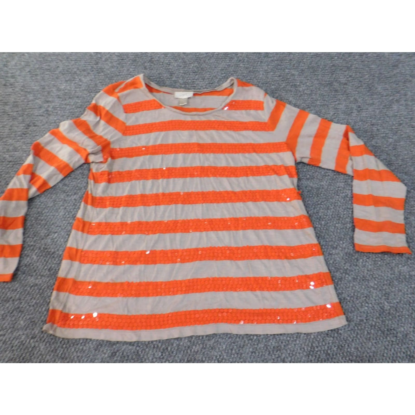 Ann Taylor Loft Ann Taylor Shirt Blouse Womens XL Orange Striped Beaded Knit Cotton Casual Long Sleeve Round Neck Pullover Basic Size XL / US 12-14 / IT 48-50 - 4 Thumbnail