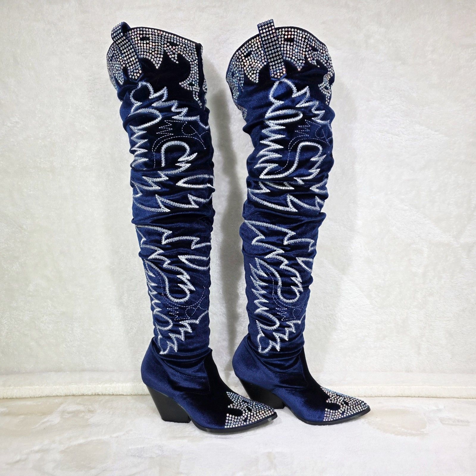 Other Delish Blue Velvet Western Slouch OTK Thigh High Cowboy Boot Size US 8.5 / IT 38.5 - 1 Thumbnail