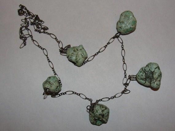 Handmade Art Deco Sterling Silver Nugget Turquoise Necklace Size ONE SIZE - 3 Thumbnail