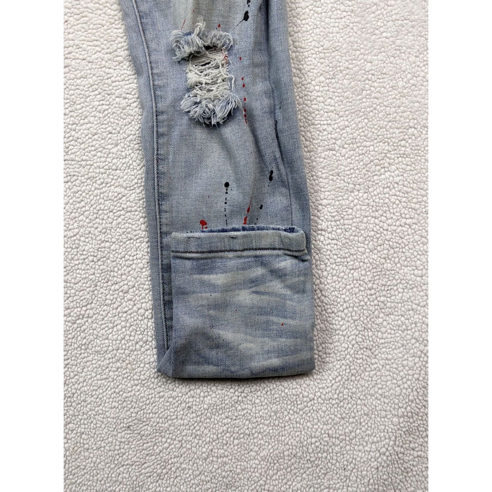 Vintage DENIMICITY Mens Jeans 30x32 Blue Destroyed Painted Light Wash Skinny Low Rise Denimicity Jeans Slim 30x32 Mens Jeans Blue 90s? Size US 30 / EU 46 - 7 Thumbnail