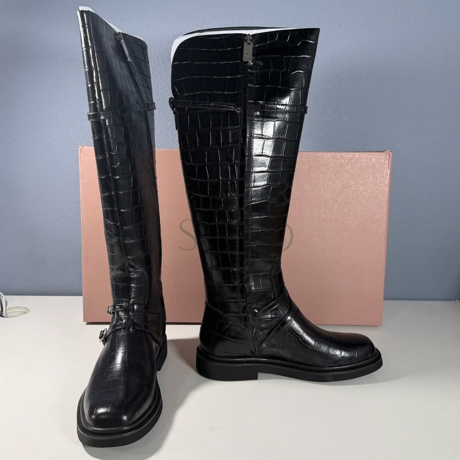Franco Sarto SARTO by Franco Sarto Black Croc Embossed Leather Boots Size US 8 / IT 38 - 4 Thumbnail