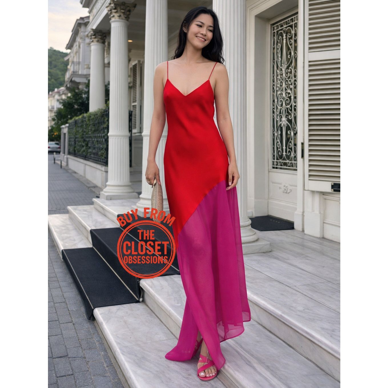 Mango Mango Red Pink Colorblock Asymmetrical Maxi Dress NWT Size S / US 4 / IT 40 - 1 Thumbnail