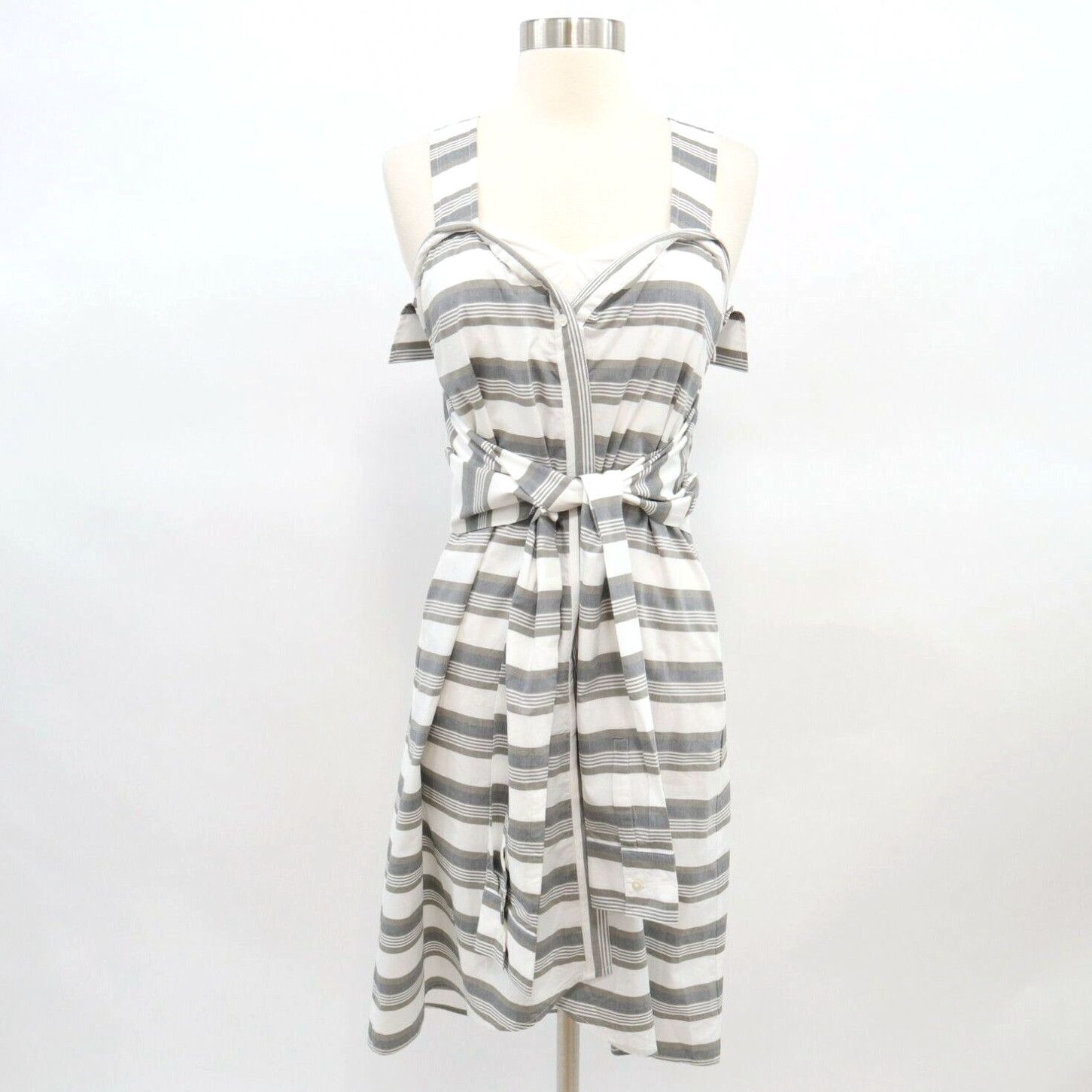 Image of Derek Lam 10 Crosby Midi Shirt Dress Womens 2 Tie-Front Faux Sleeves Striped in White (Size XS)