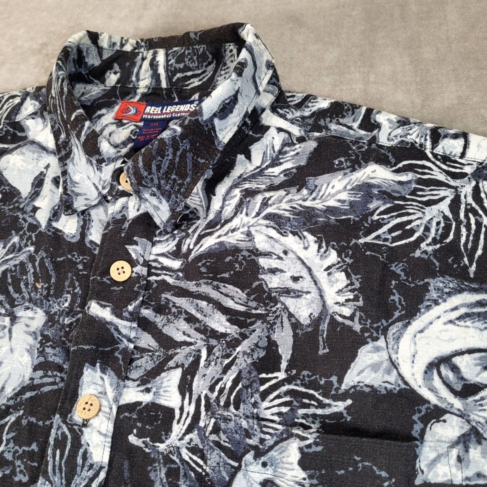 Vintage Reel Legends Mens XXL Shirt Black White Fish Tropical Print Button Up Size US XXL / EU 58 / 5 - 2 Thumbnail