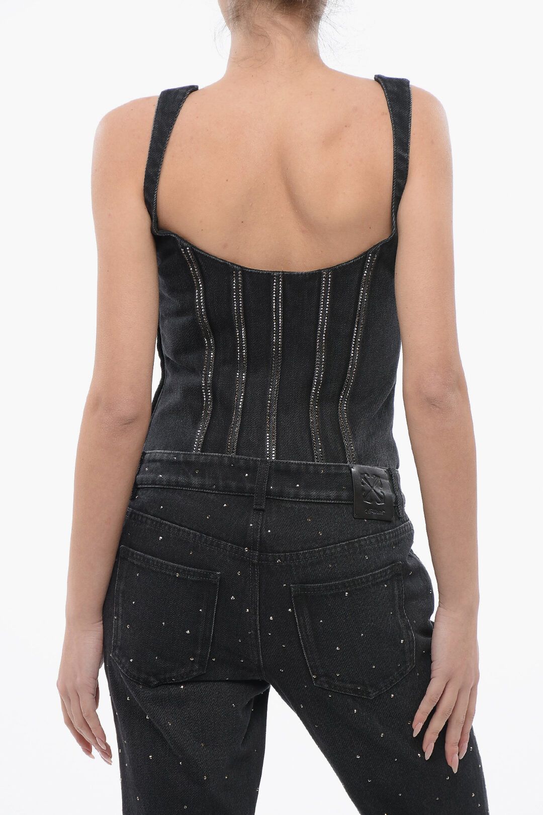 og1mm1125 Rhinestoned Denim Bling Bustier Top in Black