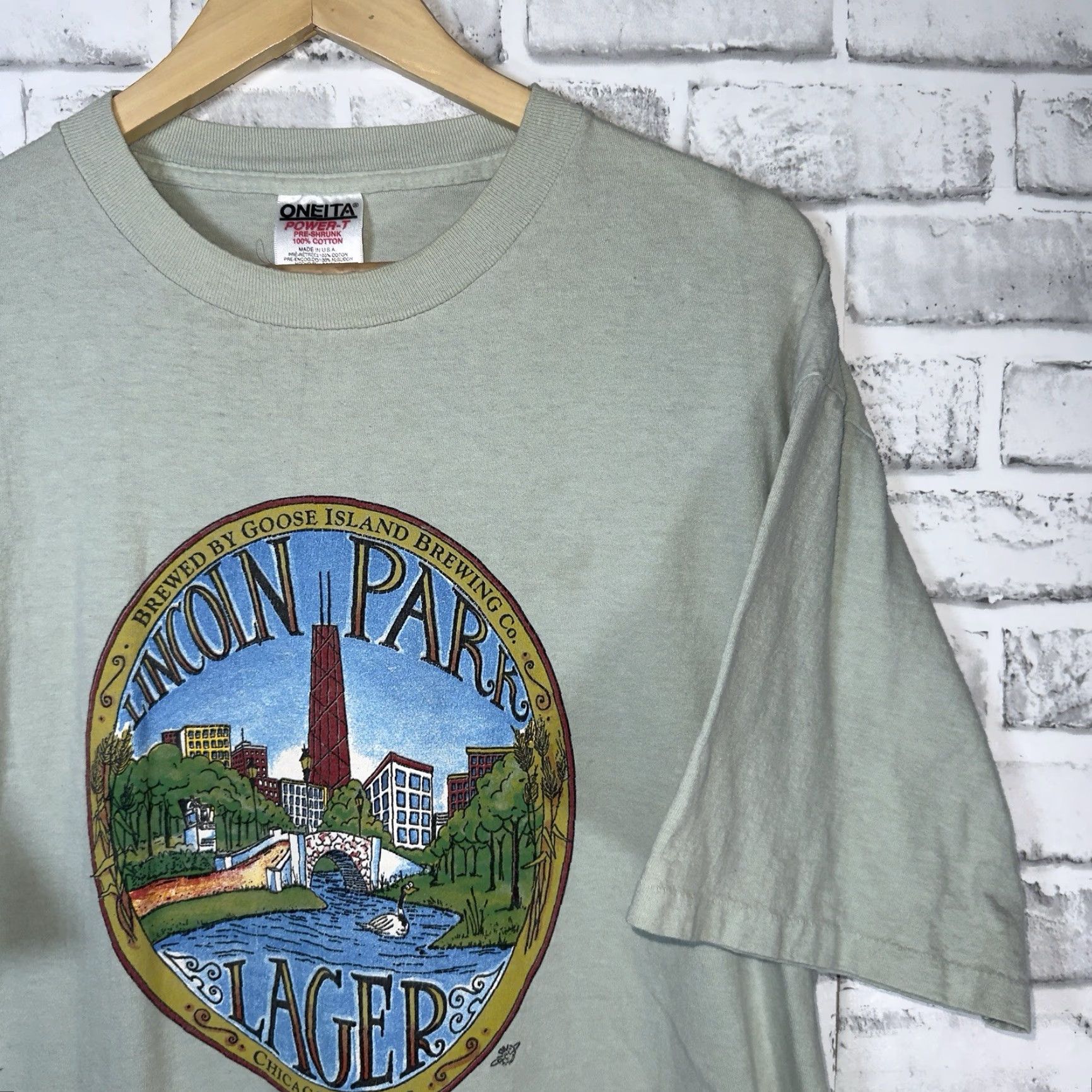 Vintage VINTAGE Oneita Lincoln Park Illinois USA T-Shirt Mens XL Green Single Stitch Size US XL / EU 56 / 4 - 2 Thumbnail