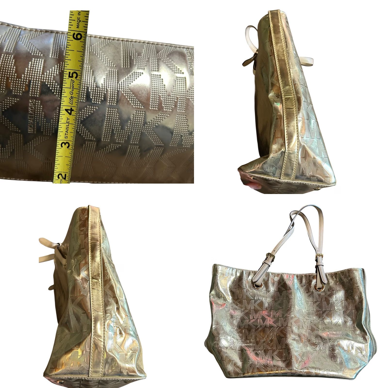 Vintage Michael Kors Gold Metallic MK Logo Tote Large ShoulderBag Purse W/Dust Cover See Size ONE SIZE - 8 Thumbnail