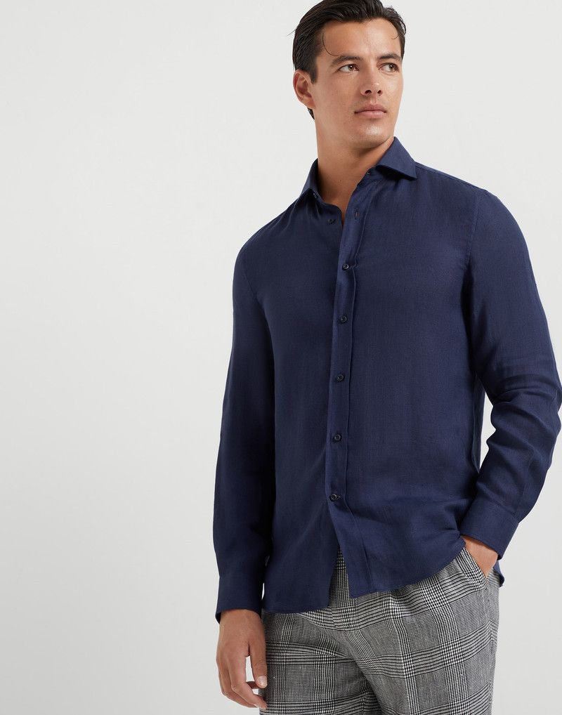 Brunello Cucinelli o1la1rc1a0326 Linen Easy Fit Shirt in Blue Size US M / EU 48-50 / 2 - 1 Thumbnail