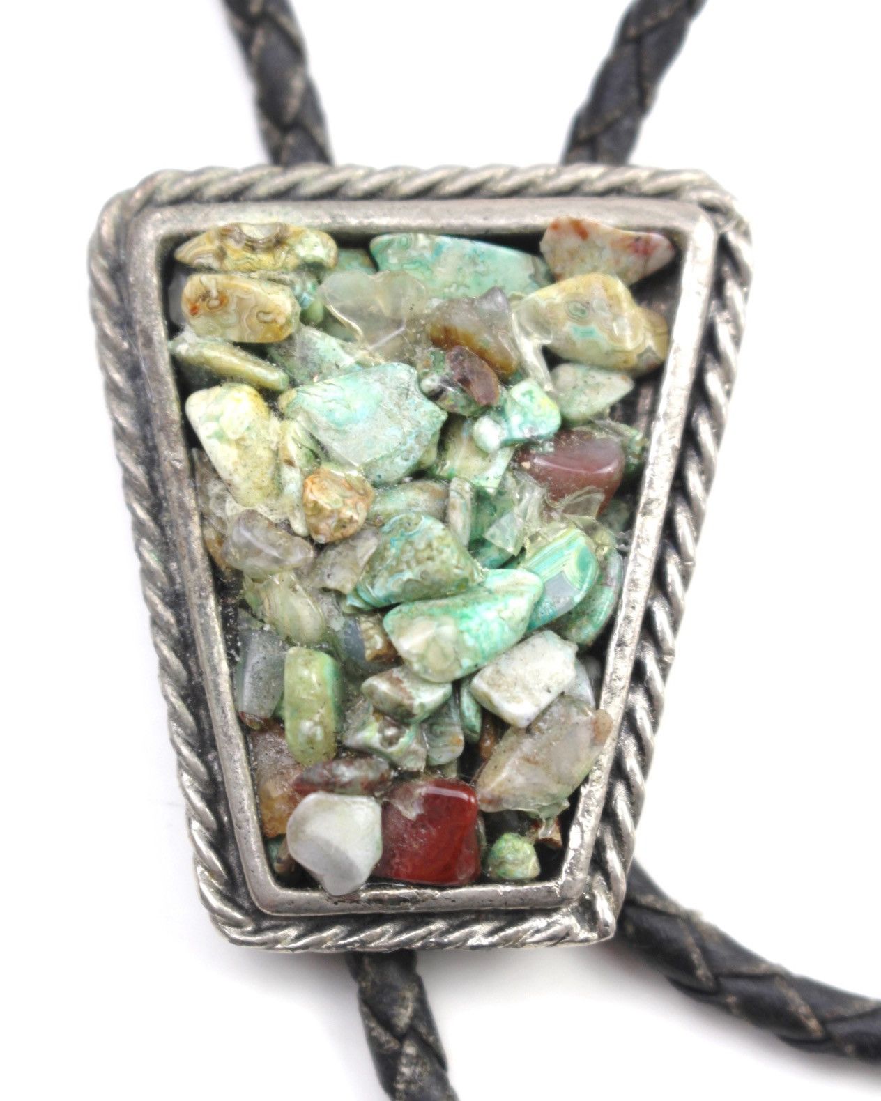 Vintage 1990S SOUTHWESTERN MOSAIC TURQUOISE BRAIDE LEATHER BOLO TIE Size ONE SIZE - 2 Thumbnail