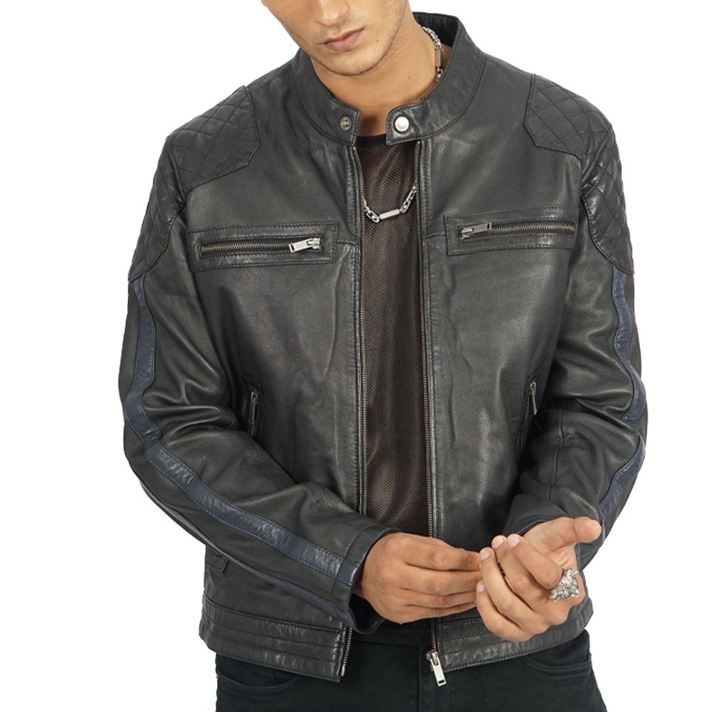 image of Keith Biker Black Leather Jacket, Men's (Size Medium)