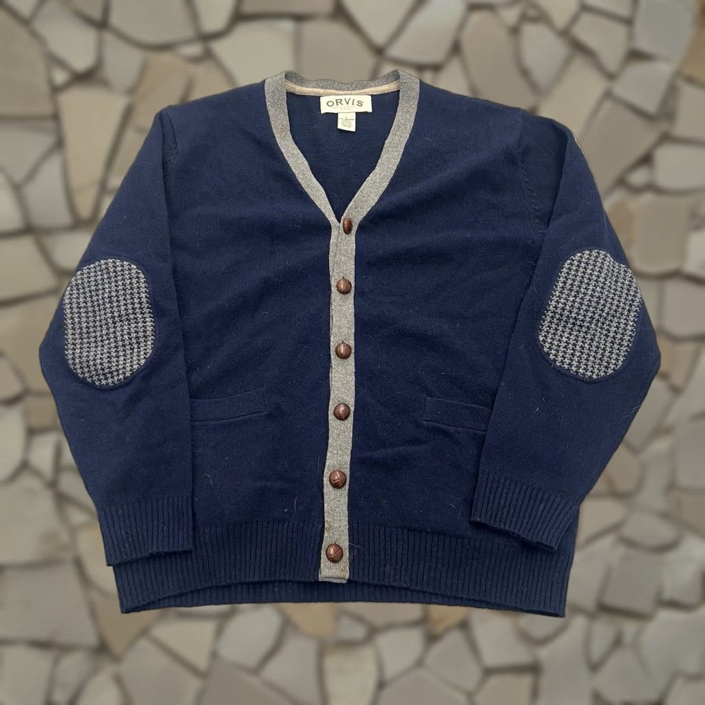 VINTAGE Orvis Wool Cardigan Sweater Navy Blue Mens Large Classic USA