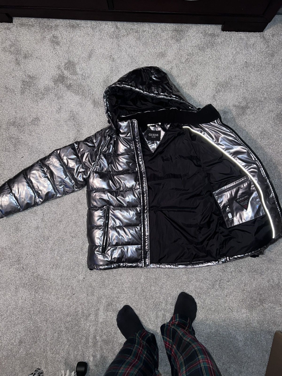 Guess GUESS Men's Holographic Hooded Puffer Jacket Graphite Gray Size US XL / EU 56 / 4 - 2 Thumbnail