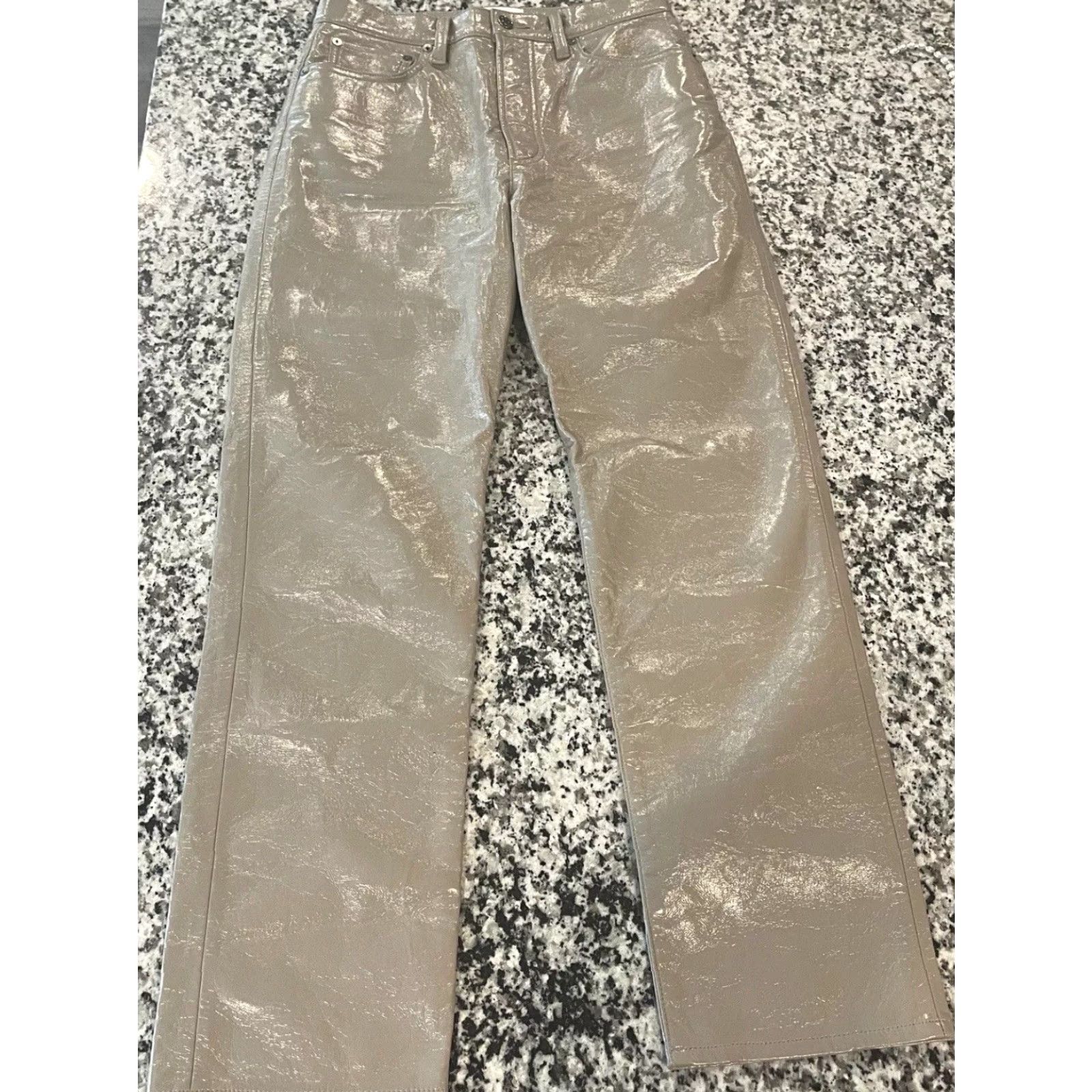 Agolde AGOLDE Women's Leather 90s Pinch Waist Pants Quail Patent Beige Size 27 Size 27" / US 4 / IT 40 - 2 Thumbnail