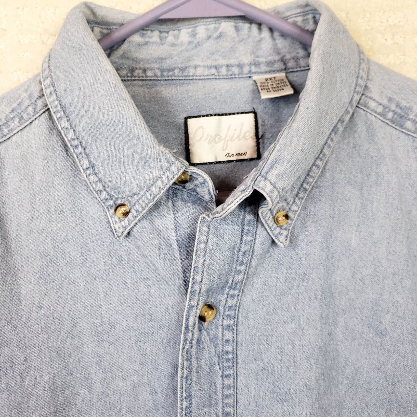 Vintage Profile for Men Denim Shirt 2XT Light Blue Long Sleeve Button-Up Pockets Casual Workwear Shirts Mens Size US XXL / EU 58 / 5 - 5 Thumbnail