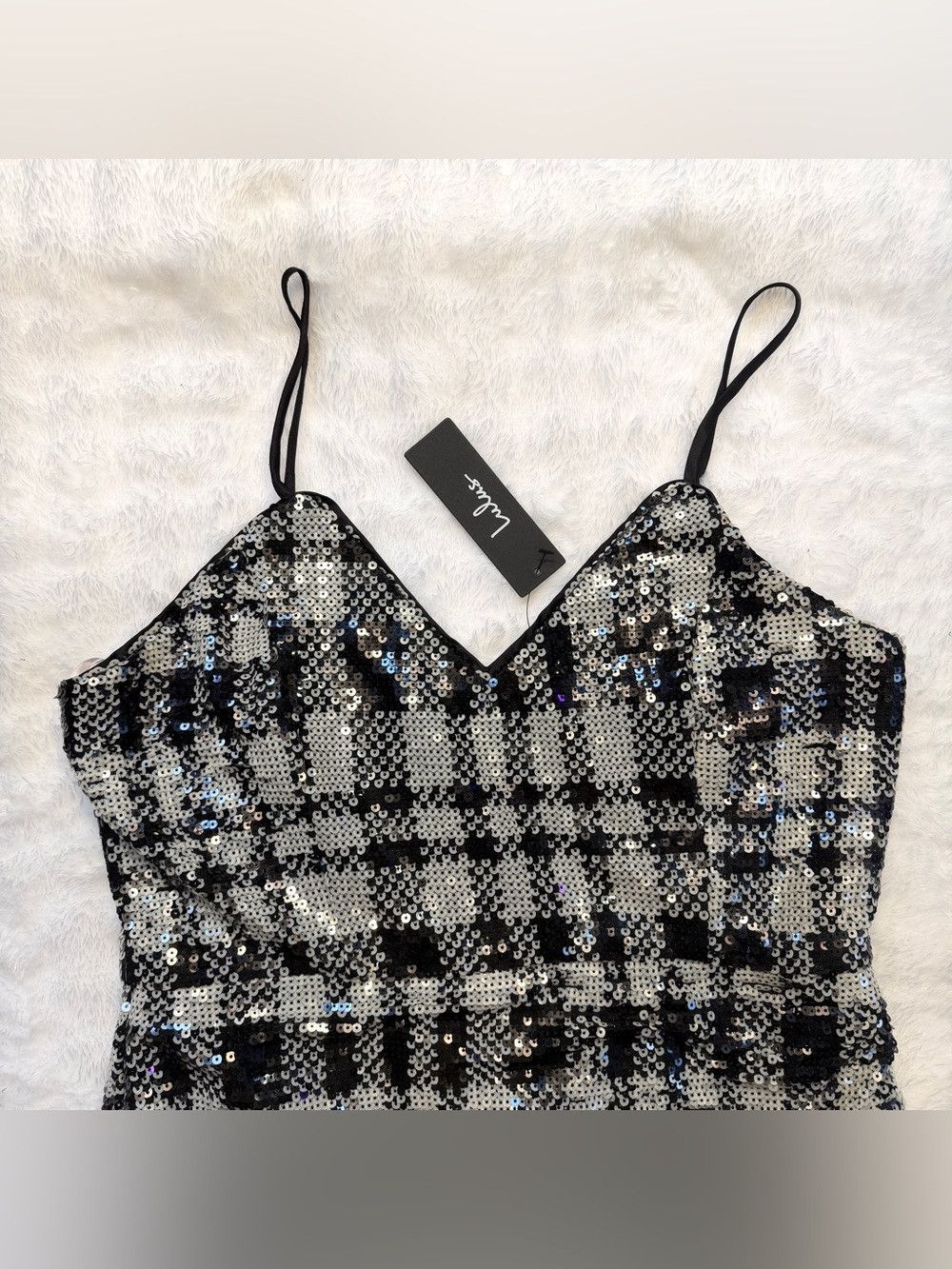 Lulus Plaid My Love Shiny Black/White Plaid Sequin Mini Dress Size L / US 10 / IT 46 - 9 Thumbnail