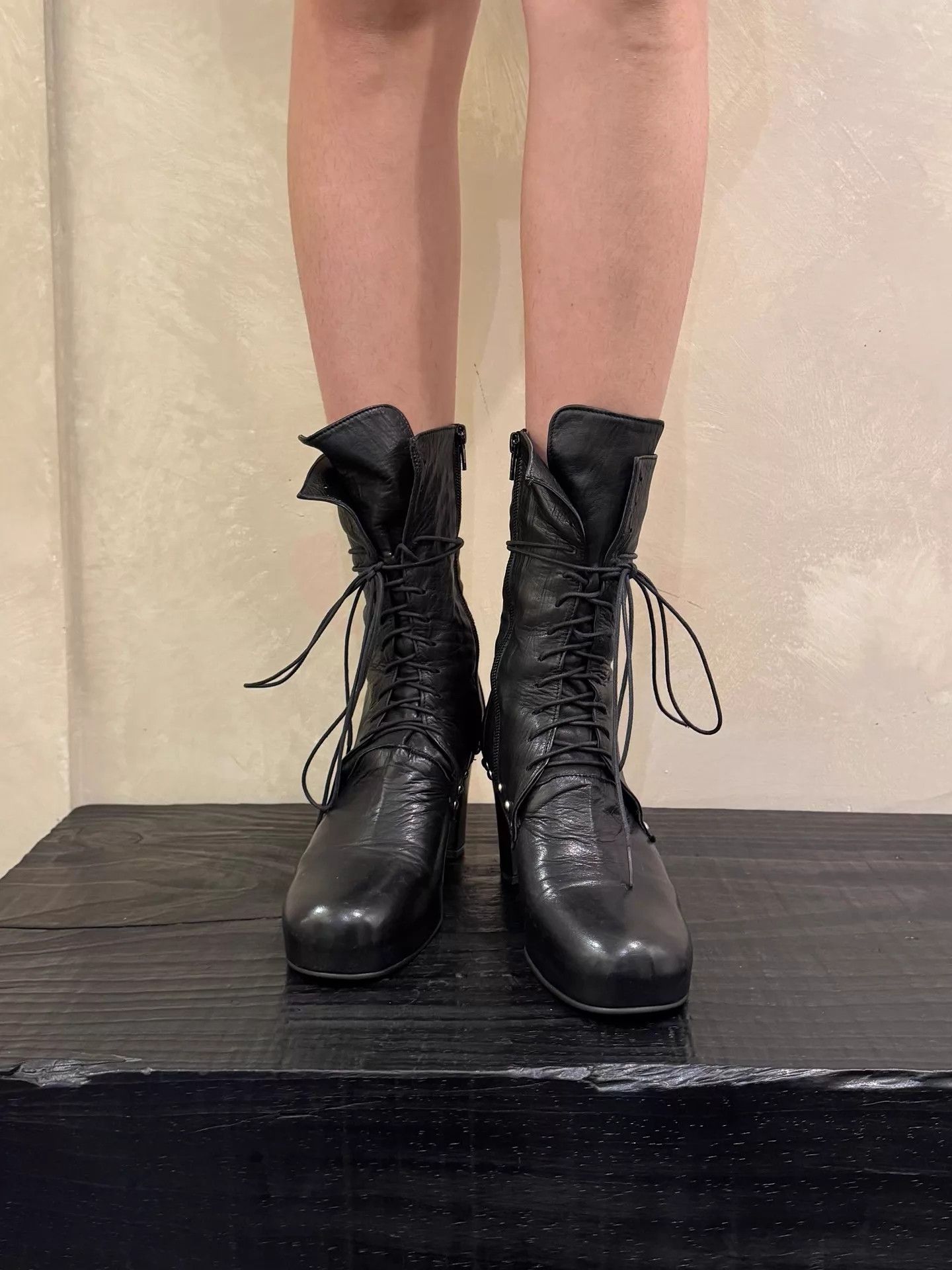 Other Japanese Brand Dark Black Strappy Short Boots 38 8cm Size US 7.5 / IT 37.5 - 4 Thumbnail
