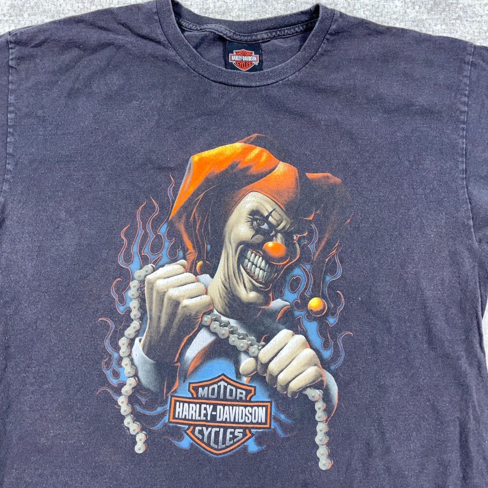 Harley Davidson VINTAGE Harley-Davidson Shirt Men L Black Graphic Print Joker Clown Flames 80s Biker Grunge Retro Skull Harley-Davidson T-Shirt Mens Large Black Fire Size US L / EU 52-54 / 3 - 6 Thumbnail