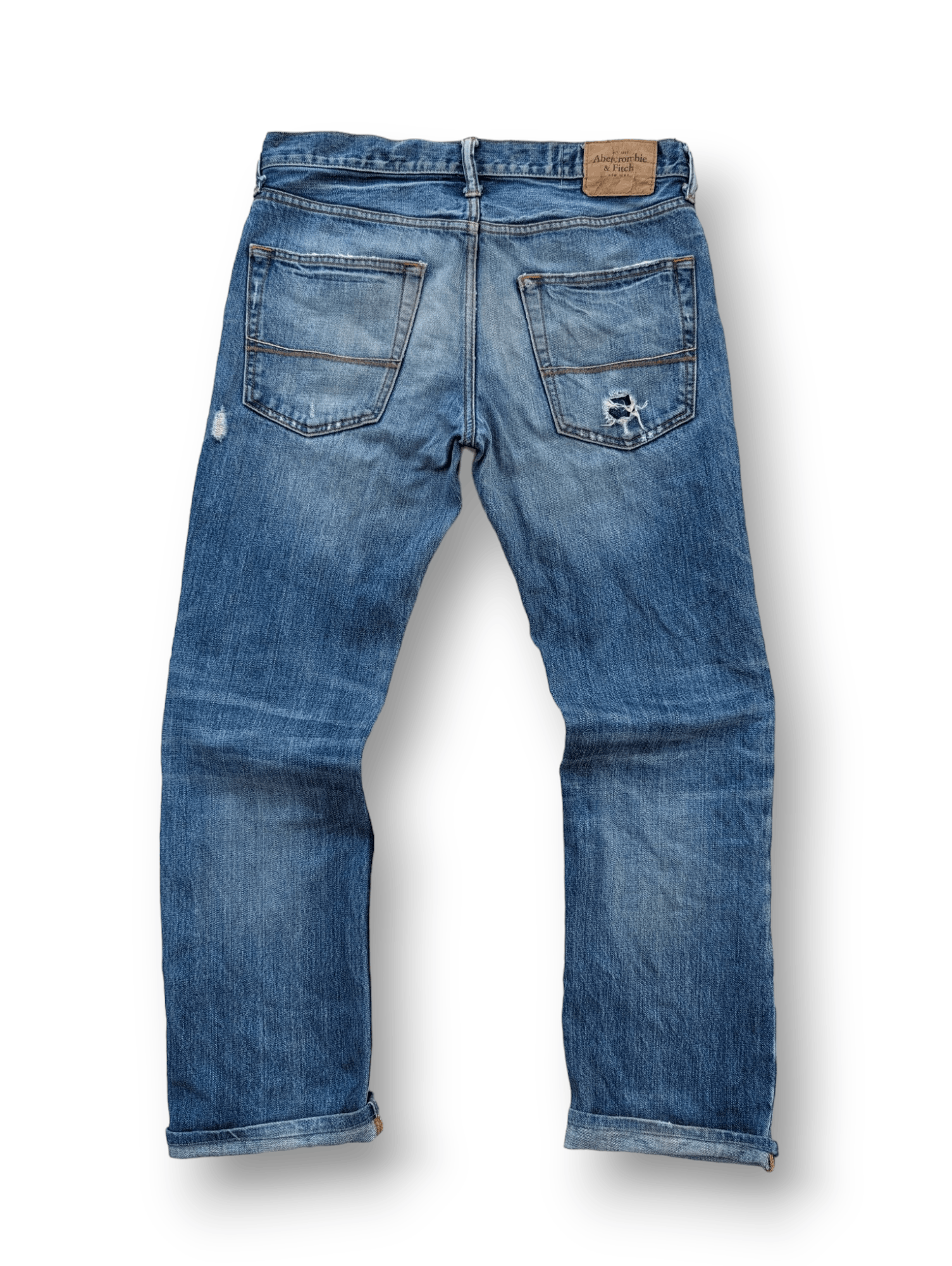 image of Abercrombie Fitch x Distressed Denim Jeans in Blue Denim, Men's (Size 33)