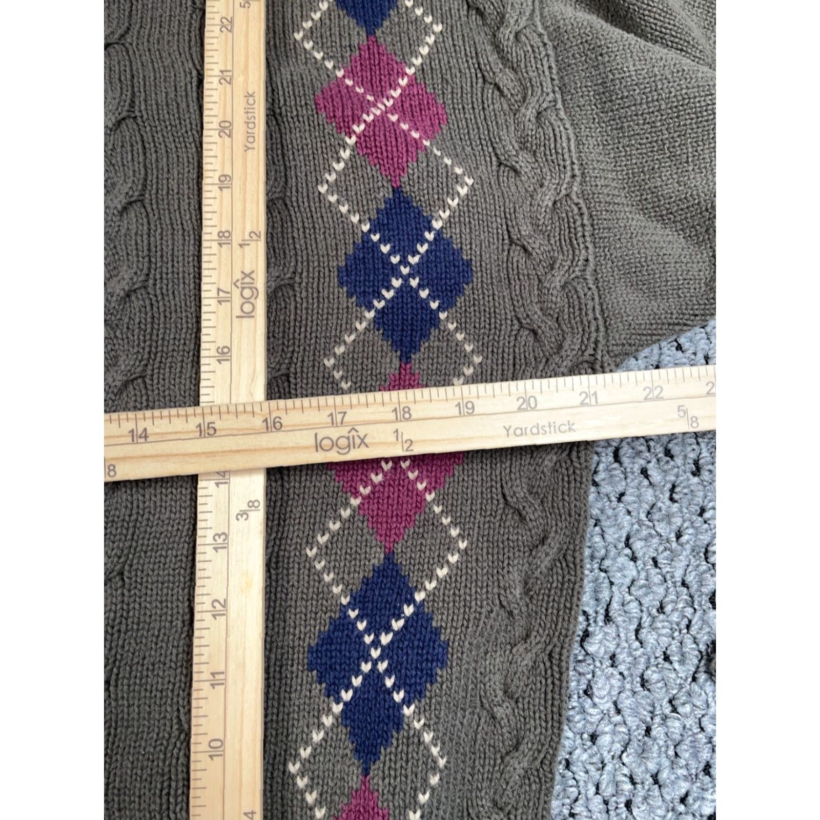 Olive VINTAGE Preppy Cable Knit Argyle Sweater Adult Medium Olive Green Cotton Mens Size US M / EU 48-50 / 2 - 5 Thumbnail