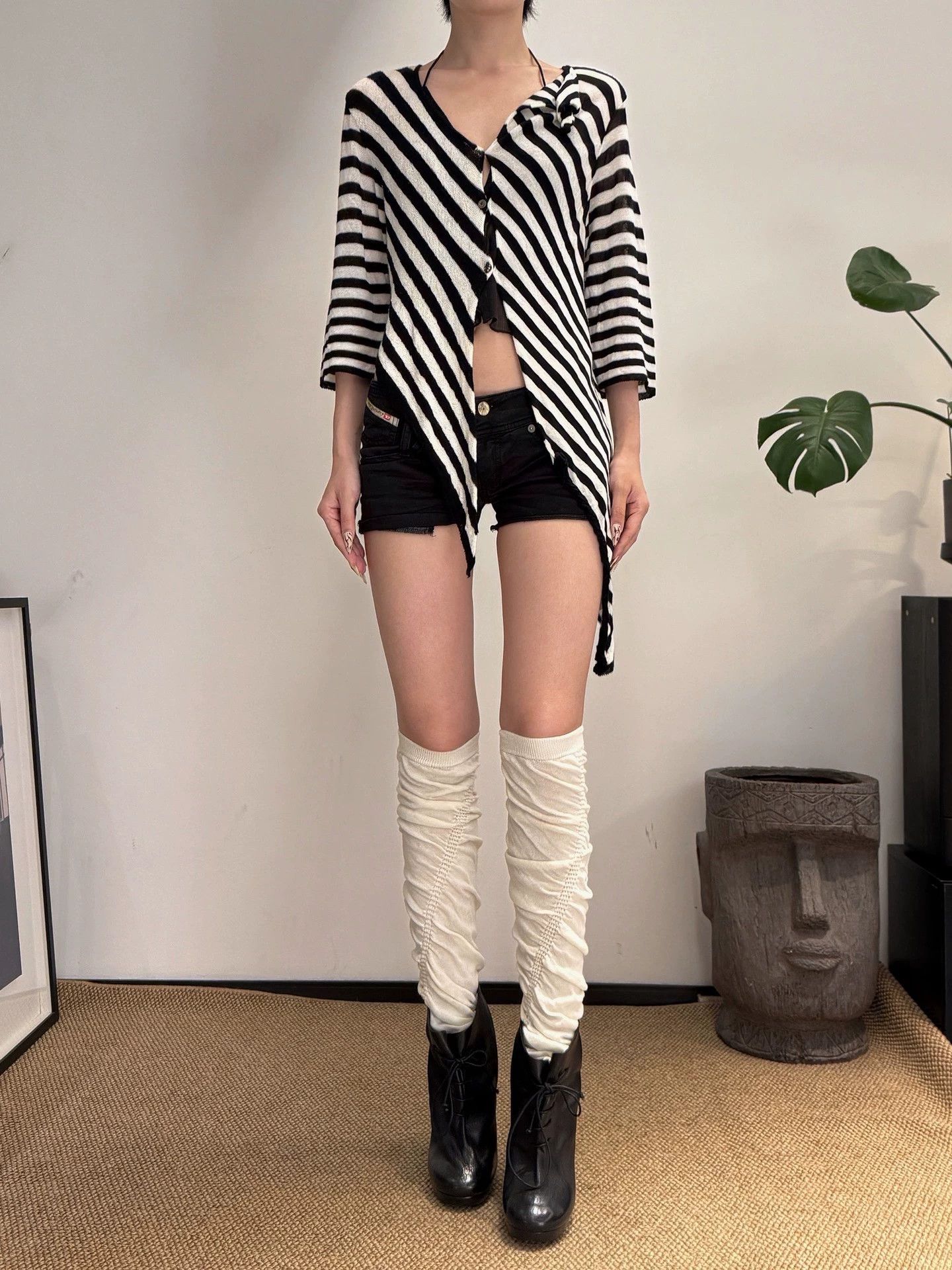 Other JPN Brand Stretch Knit Stripe 3/4Sleeve Odd Cardi Size S / US 4 / IT 40 - 1 Thumbnail