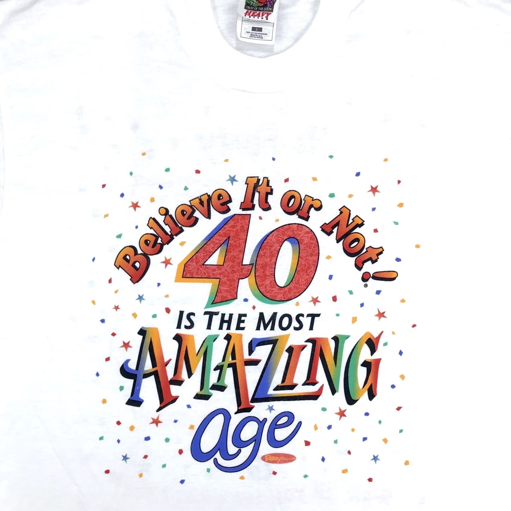 Fruit Of The Loom NOS vtg 90s RIPLEY’S BELIEVE IT OR NOT 40 IS THE MOST AMAZING AGE T-Shirt L bday Shirt Men White Cotton Double-Sided Vintage 80s 90s Funny Novelty Size US L / EU 52-54 / 3 - 2 Thumbnail