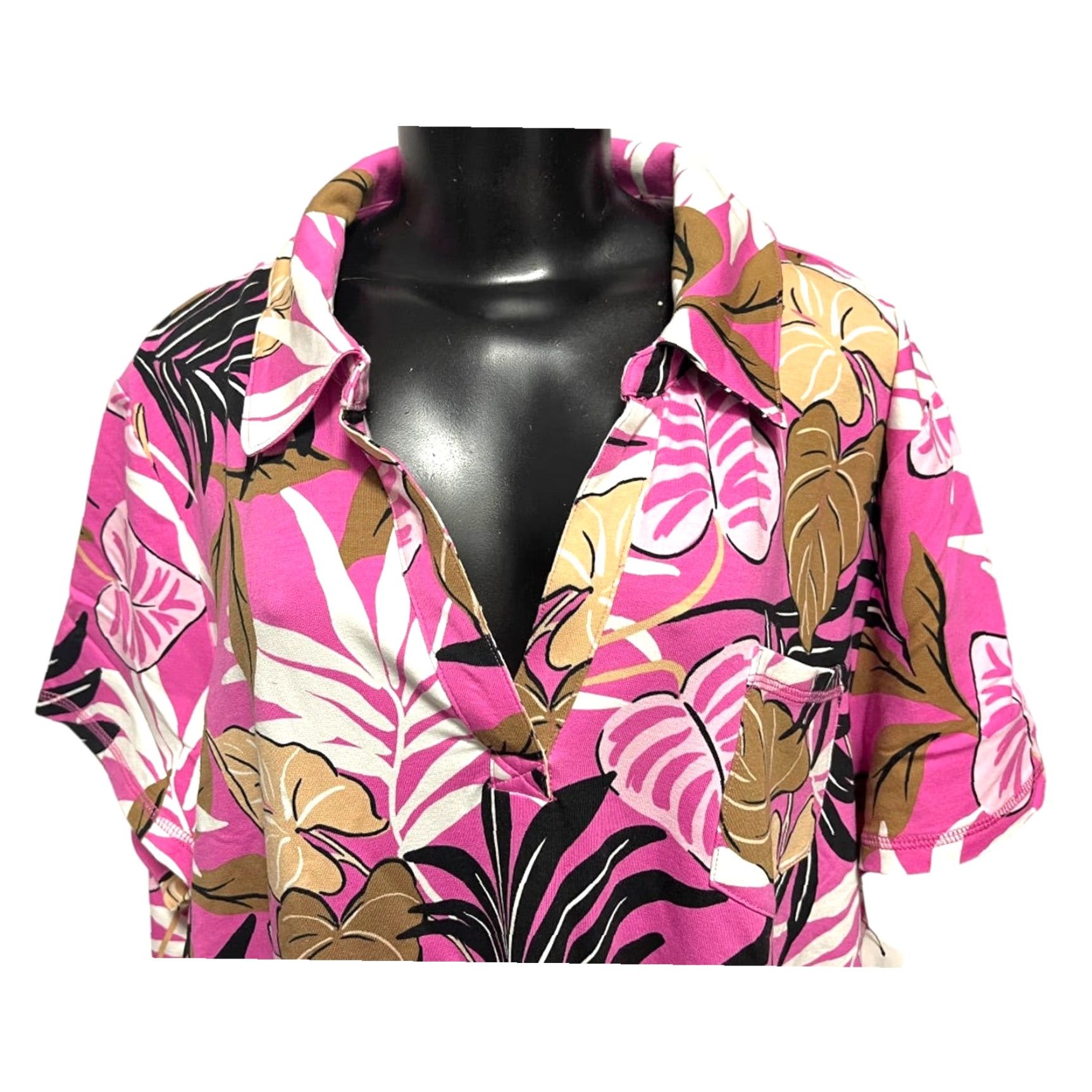 Talbots VINTAGE 3X T by Talbots New Tshirt Dress Tropical Breezy Palm Print Soft Collared Shirt Men 3X Pink Short Sleeve Tall Size 48R - 5 Thumbnail