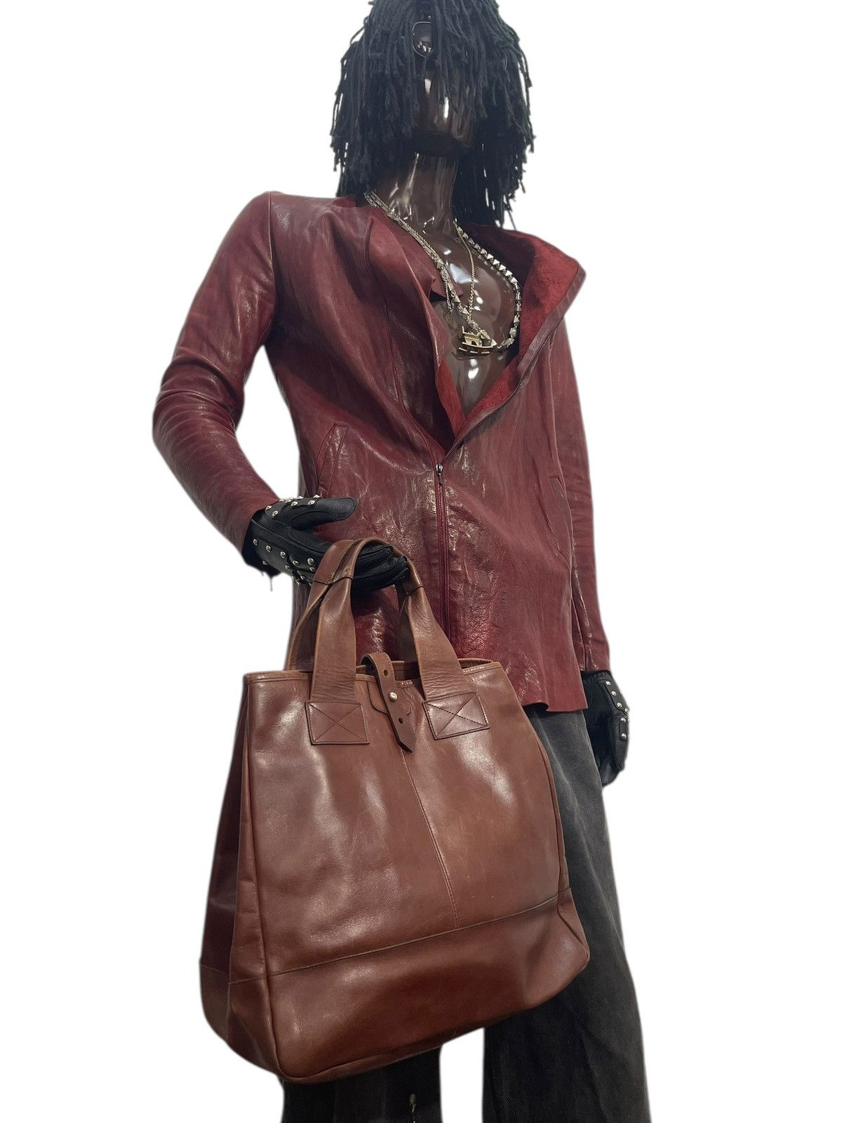 Leather Full Leather Patina Vtg Message Japan Tote Bag 2🟩1 Size ONE SIZE - 3 Thumbnail