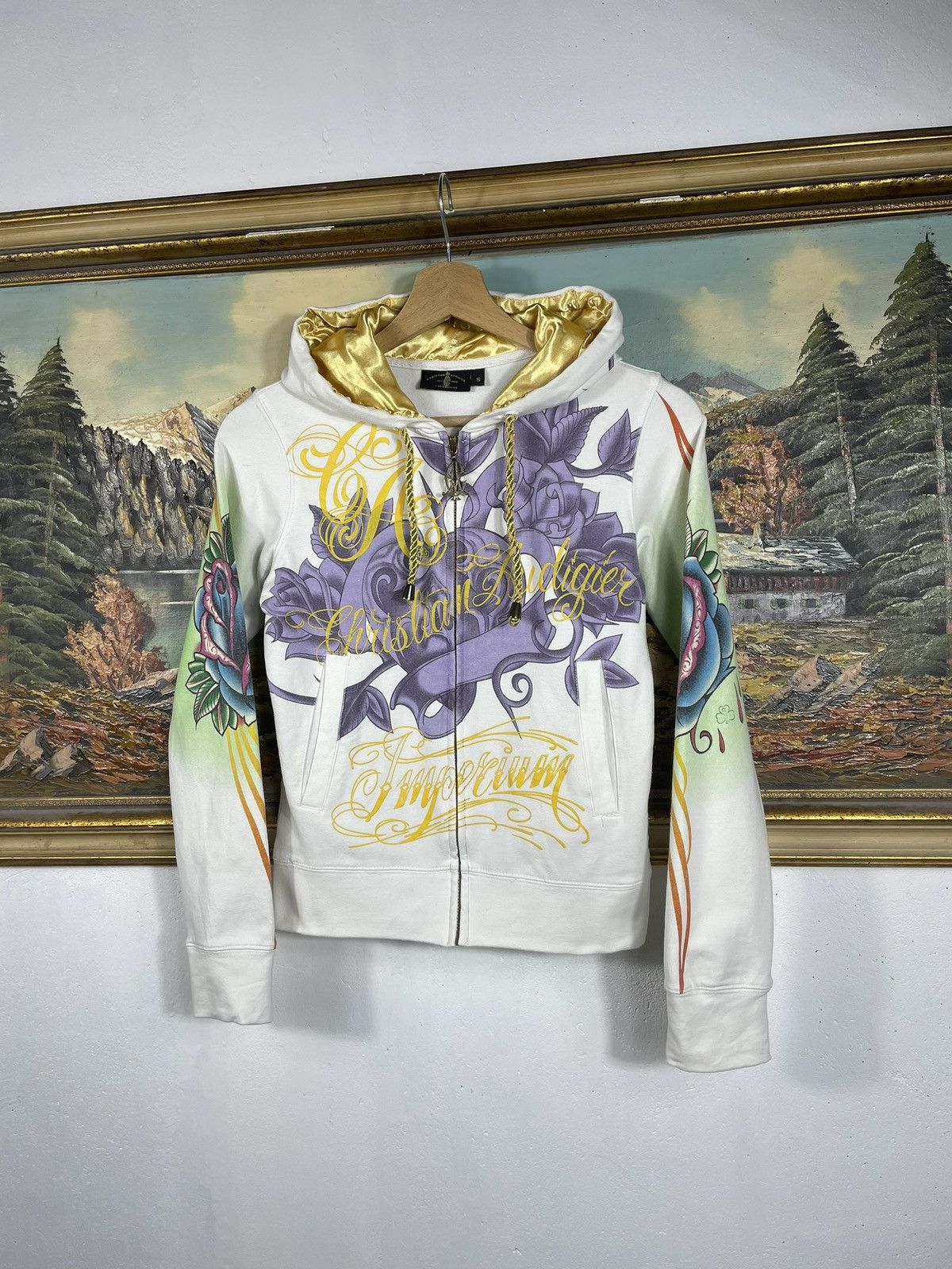 Christian Audigier × Ed Hardy × Vintage Ed Hardy Retro 00s Hoodie With Crystals Affliction Grunge Size US XXS / EU 40 - 3 Thumbnail