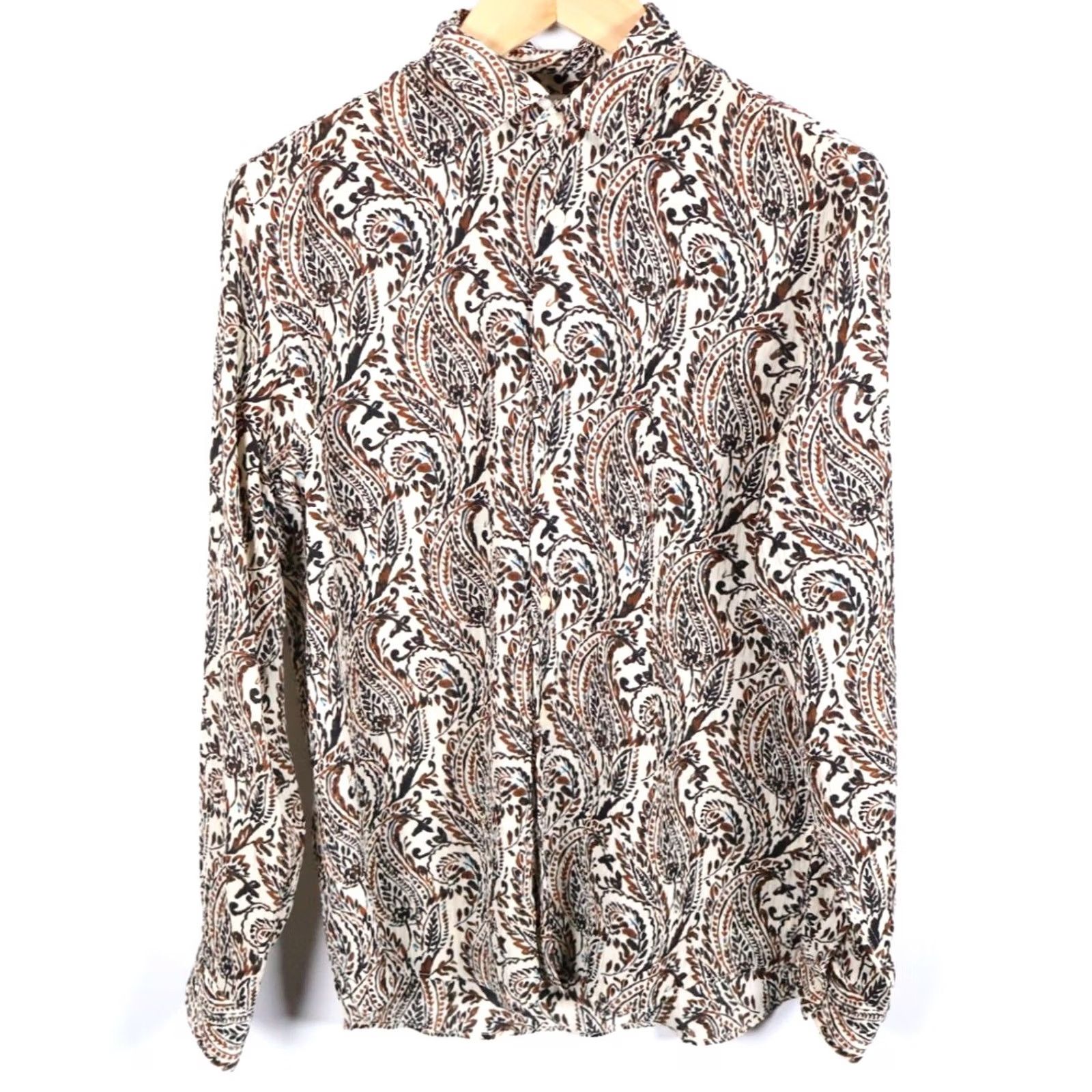 Zara VINTAGE Zara Paisley Shirt Mens Large White Brown Lightweight Crinkle Polyester Boho Size US L / EU 52-54 / 3 - 2 Thumbnail