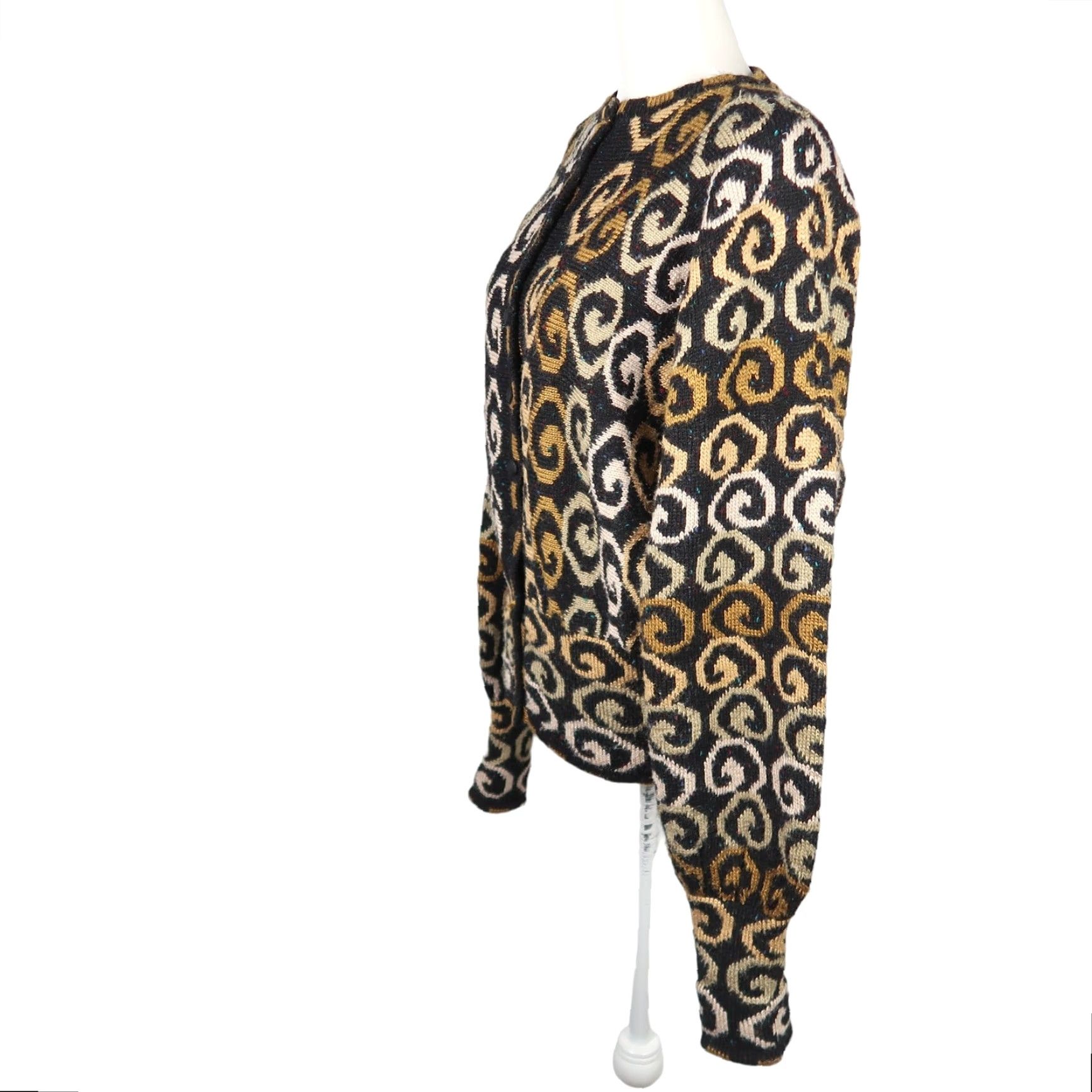 Nordstrom VINTAGE Nordstrom Gallery Cardigan Wool Silk Ballon Sleeve Black Tan Print S Women 80s Fall Winter Geometric Swirl Pattern Knit Size S / US 4 / IT 40 - 3 Thumbnail