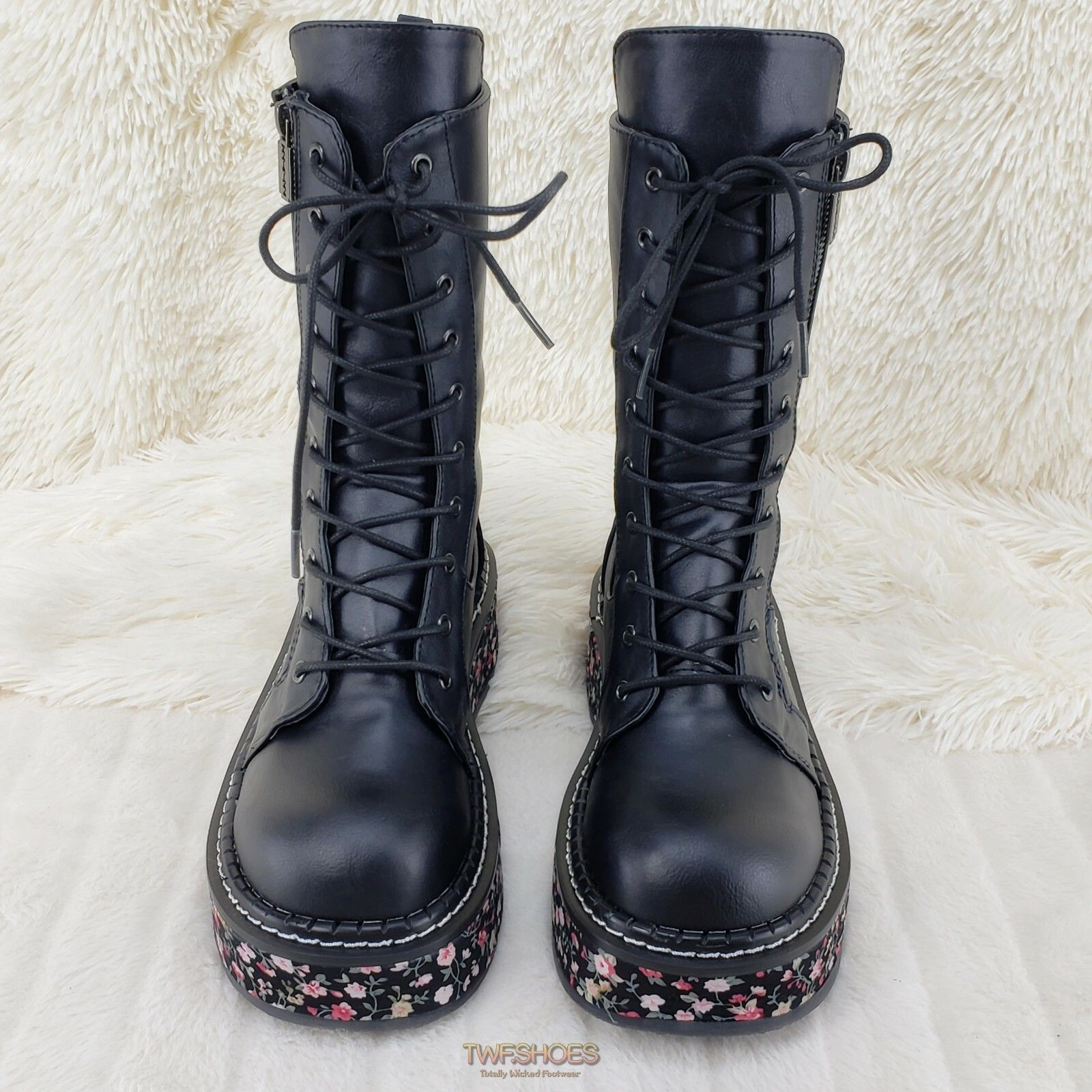 Other DEMONIA Emily 350 Black Matte Floral 2" Platform Combat Boot Size US 10 / IT 40 - 3 Thumbnail