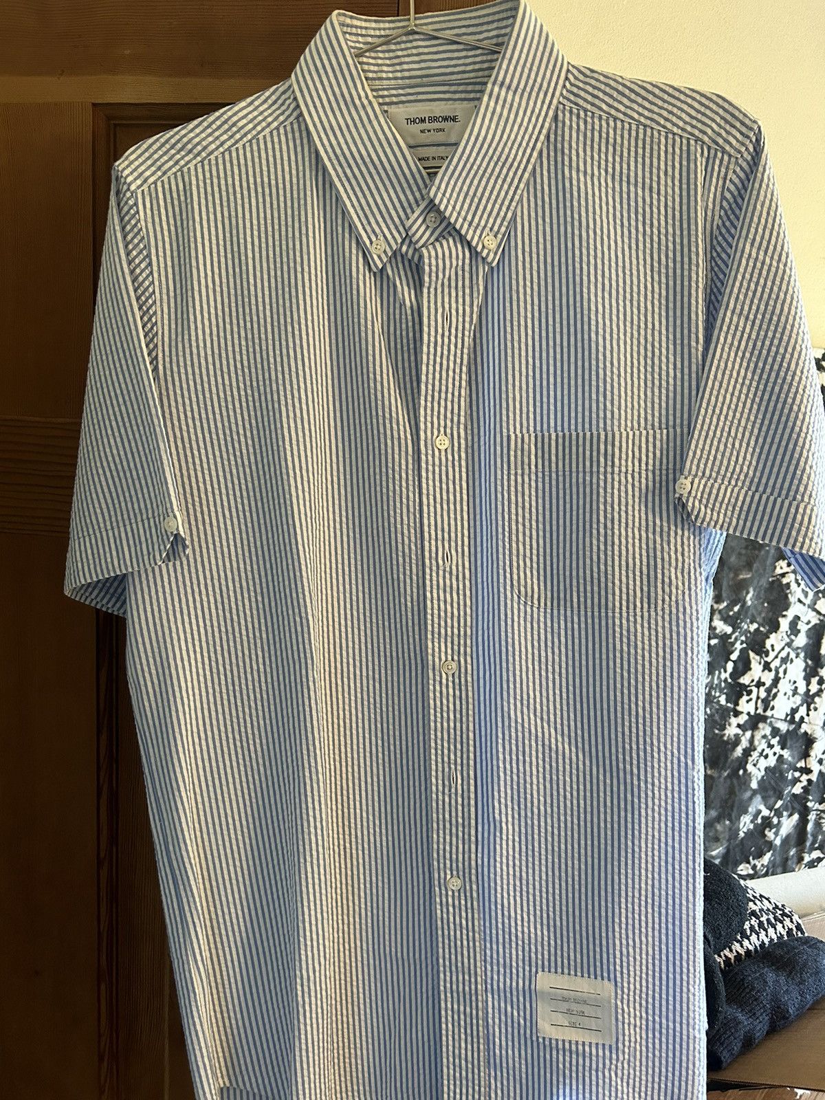 image of Thom Browne Blue And White Striped Seersucker Button Down, Men's (Size Medium)