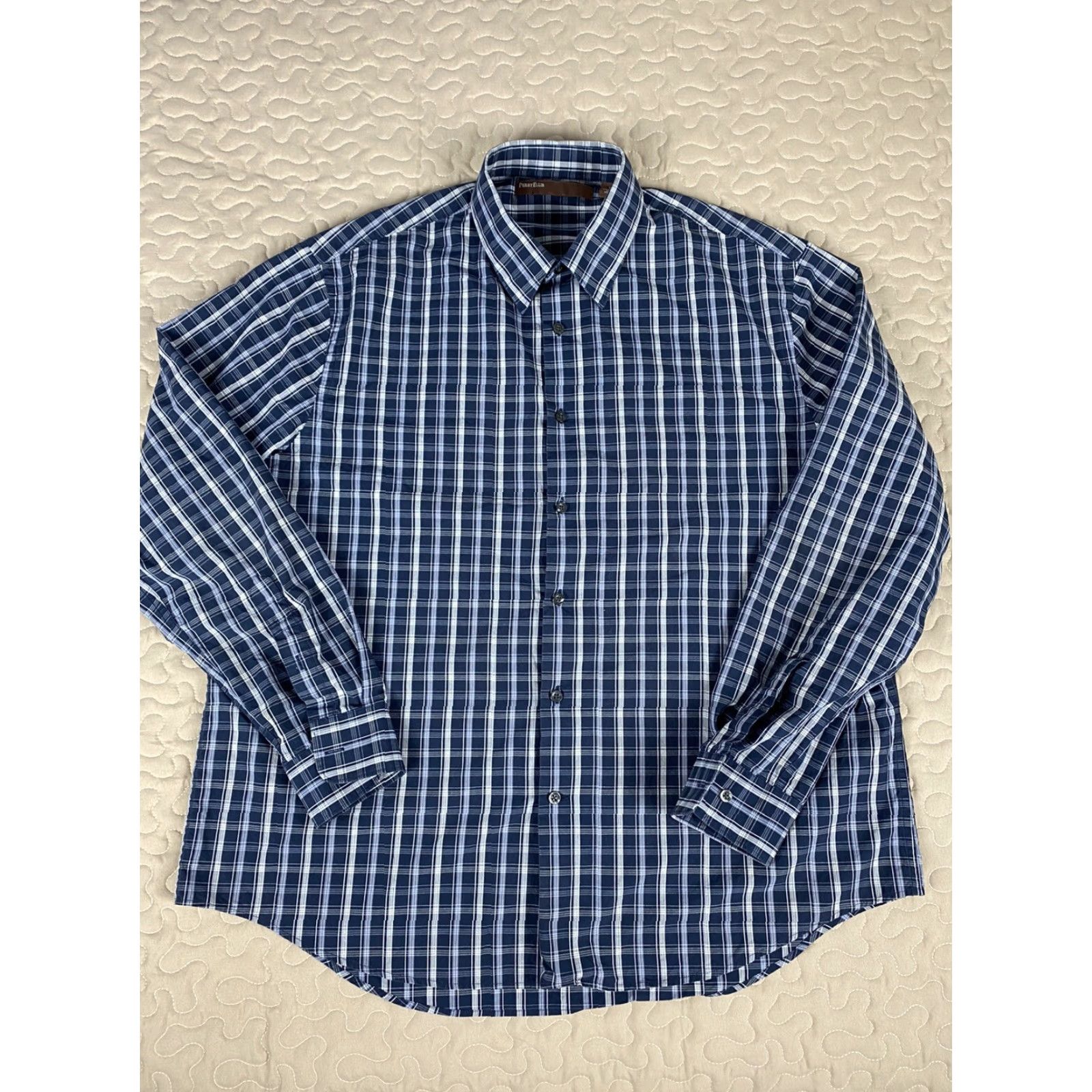 Perry Ellis Perry Ellis Button-Down Dress Shirt Plaid Blue & White Mens 2XL XXL Size 48R - 2 Thumbnail