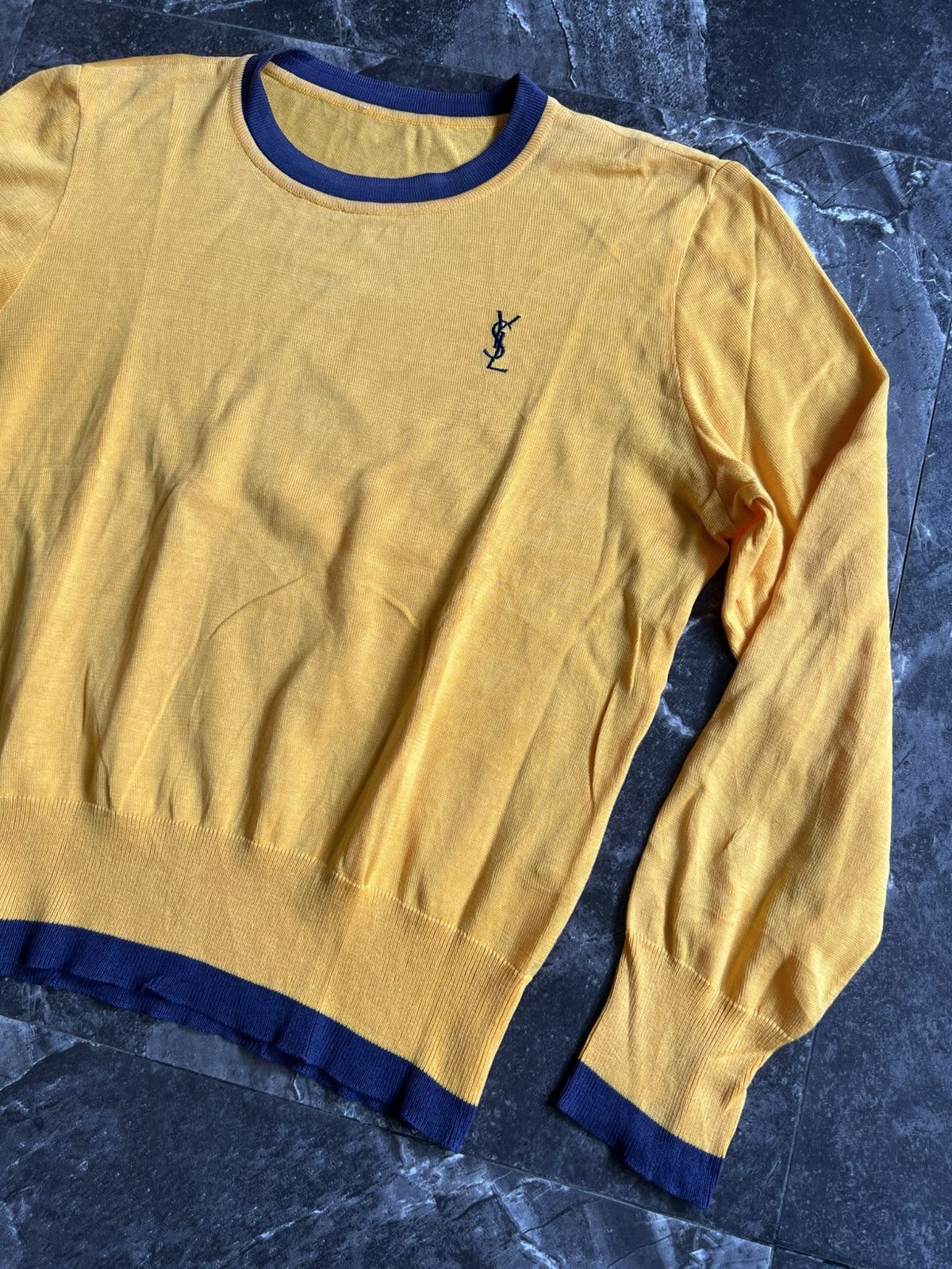 Yves Saint Laurent Vintage YSL Yellow Blue Trim Long Sleeve Knit Sweater Size US M / EU 48-50 / 2 - 4 Thumbnail