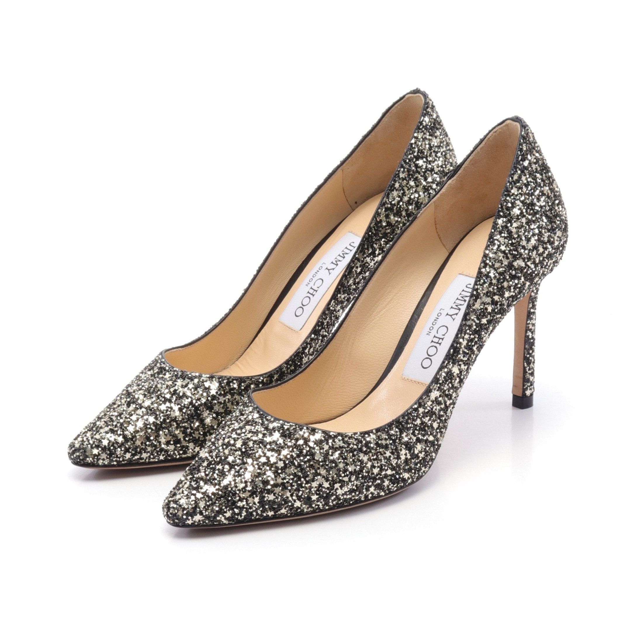 Jimmy Choo Romy85 Pointed Toe Pumps Glitter Gold Black Star