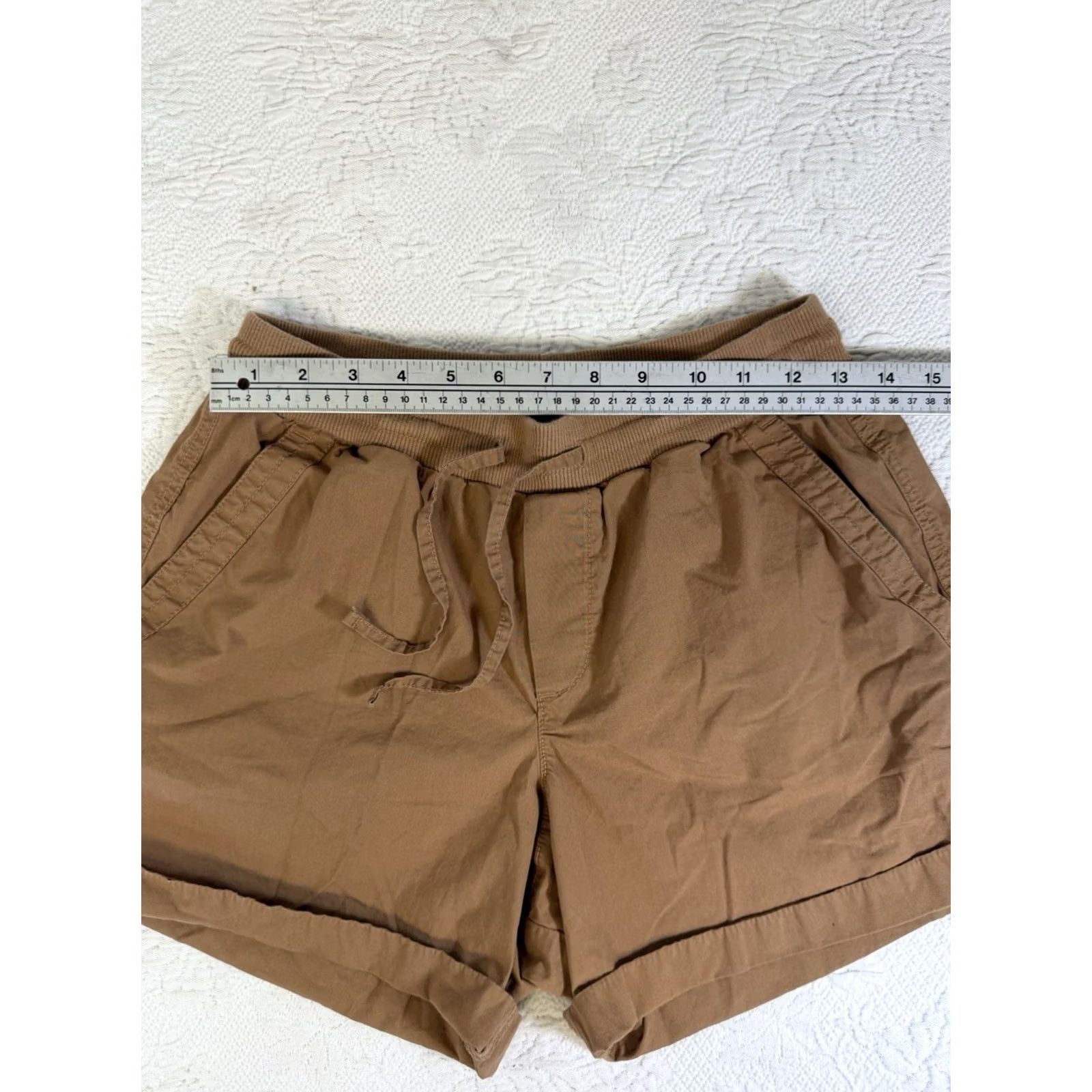Vintage Pact Womens Shorts S Casual Elastic Waist Drawstring Pockets Chino 4in Inseam Brown Solid Size 28" / US 6 / IT 42 - 3 Thumbnail