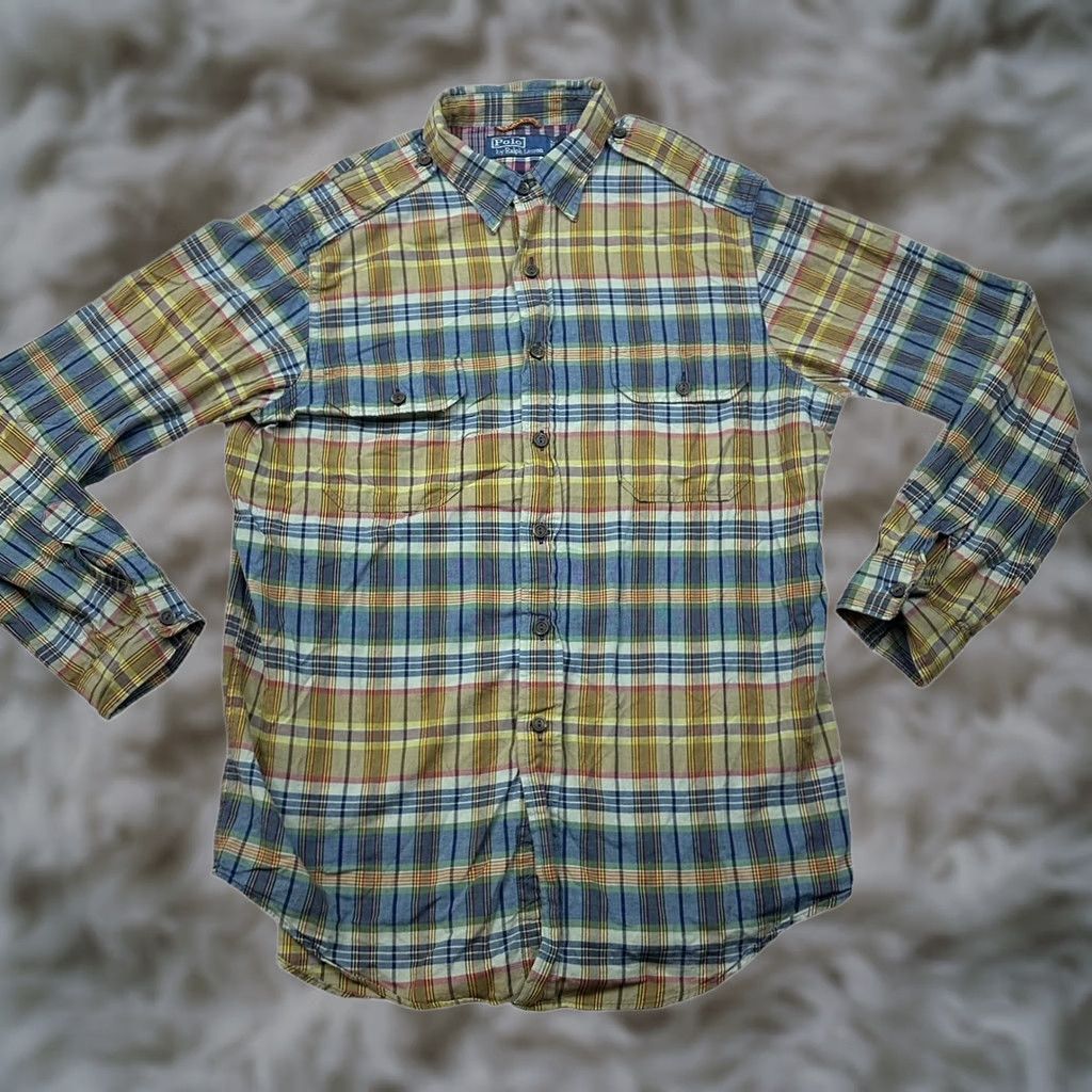 Polo Ralph Lauren VINTAGE Polo Ralph Lauren Men's Military Officer Shirt Large Green/Bro wn Plaid Long Sleeve Size US L / EU 52-54 / 3 - 1 Thumbnail