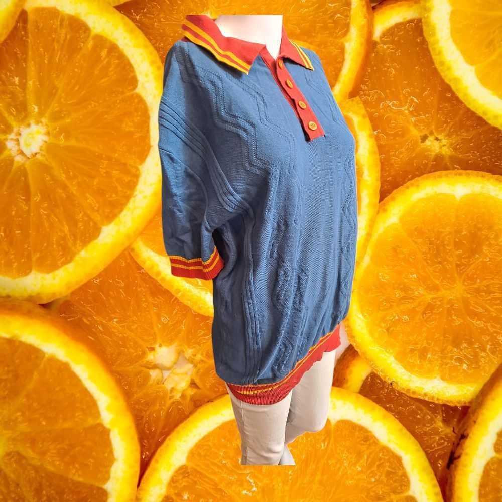Other OXKNITSTORE Retro Knit Polo Shirt Blue Orange Striped Collar Size US L / EU 52-54 / 3 - 1 Thumbnail