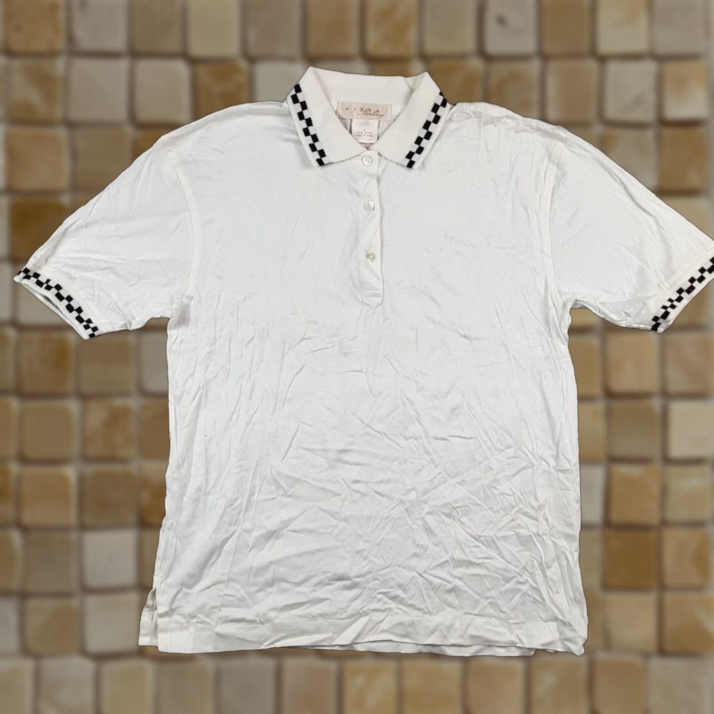 Vintage Alexa Stirling Polo Shirt Women's L White Checked Polo Shirt Short Sleeve Cotton Vintage 90s Golf Tennis Preppy Pullover Top Womens Size L / US 10 / IT 46 - 1 Thumbnail