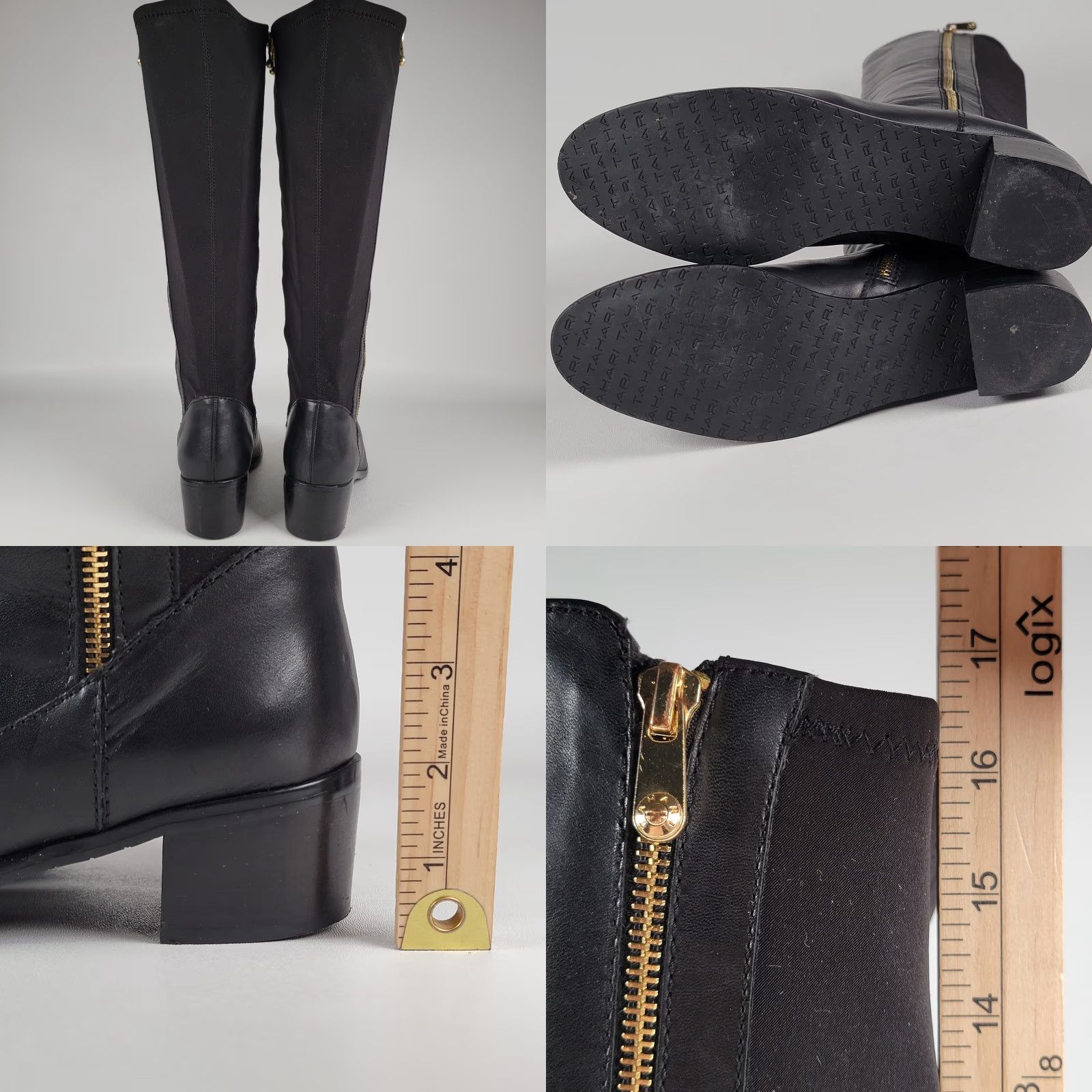 Vintage Tahari Kyle Black Leather Knee-High Boots 8M Zipper Stretch Leather Block Heel Riding Boot Women Footwear Casual Workwear City Tall Size US 8 / IT 38 - 8 Thumbnail