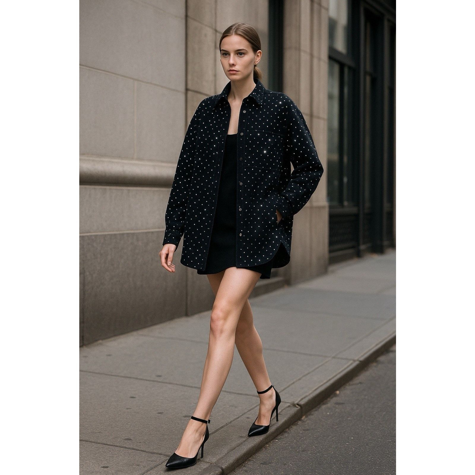 ZARA Oversized Rhinestone Embellished Over Shirt Long Sleeve