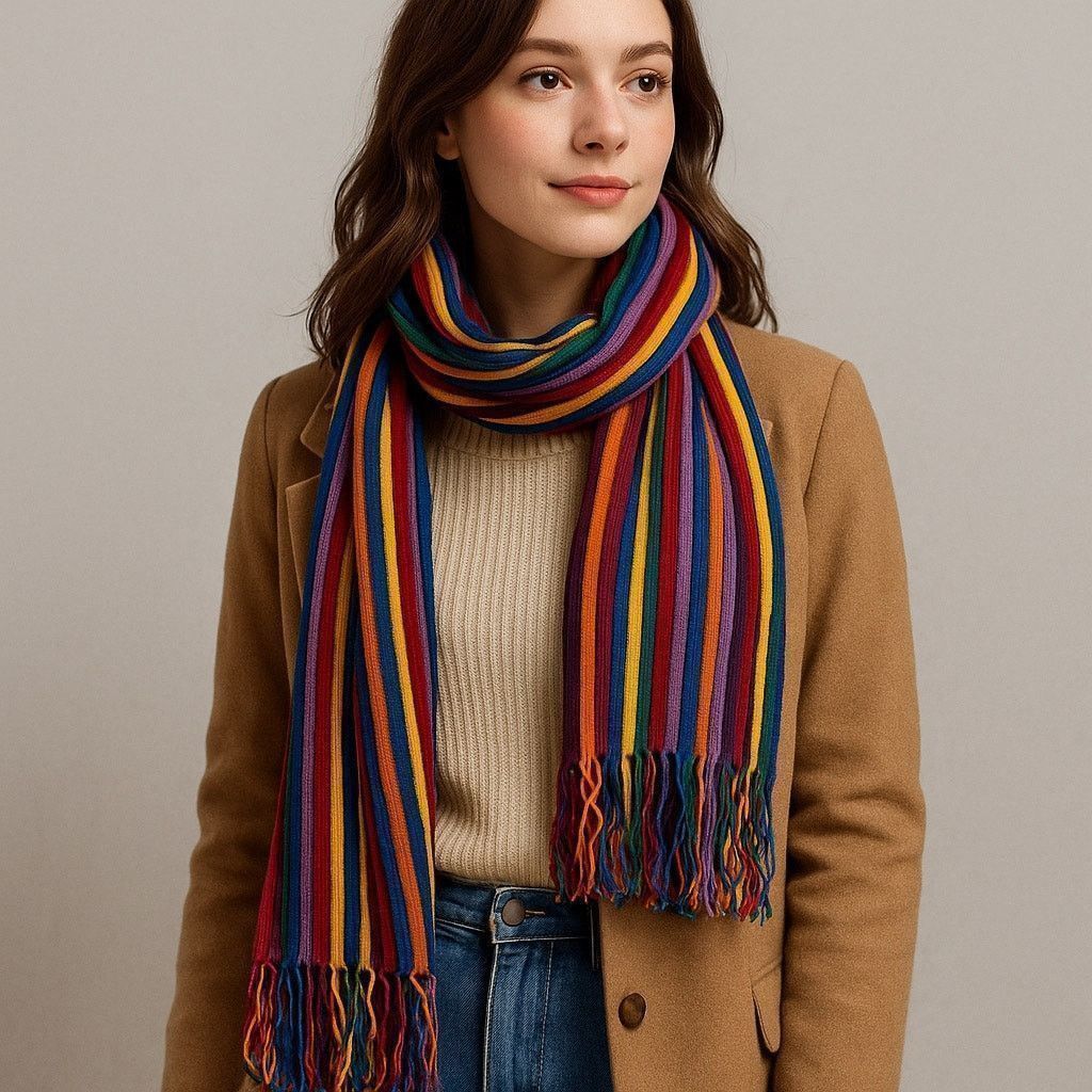 Other Boho Rainbow Knit Fringe Wool Blend Striped Knitting Inn Size ONE SIZE - 1 Thumbnail