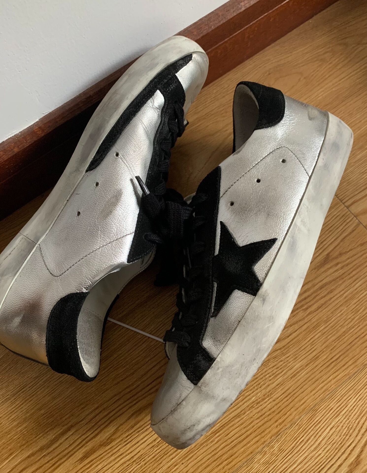 Golden Goose Low-Top Distressed Liquid Silver Sneakers