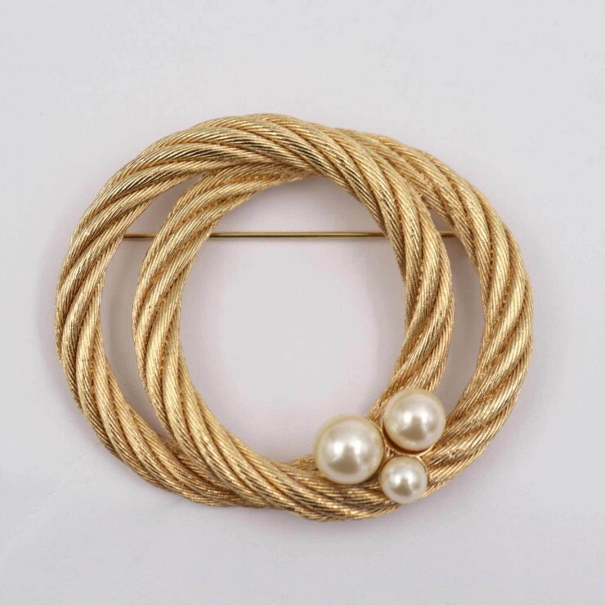 image of Christian Dior Pin Brooch Metal Gold Faux Pearl Rope, Women's