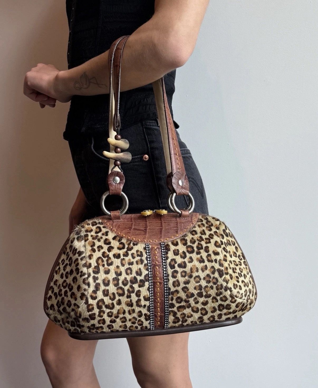 Vintage Alaluna Leopard Leather Brown hard Bag Vintage handmade Size ONE SIZE - 2 Thumbnail
